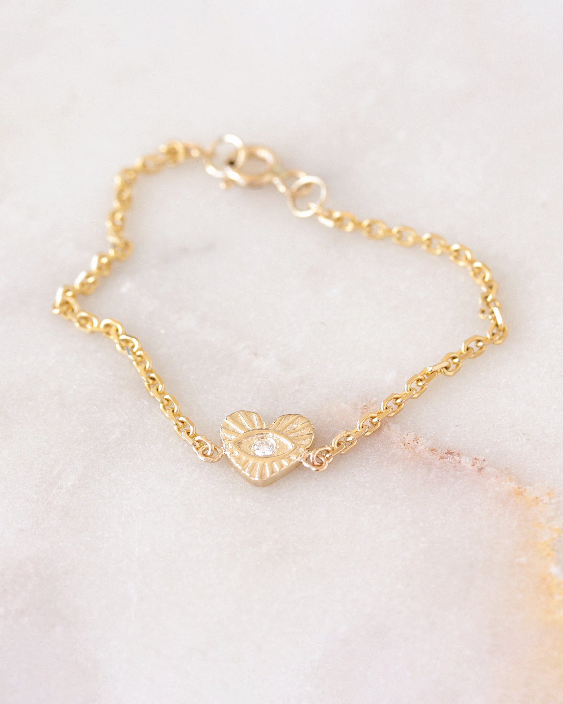 Tiny Heart Eye Diamond Girl's Bracelet, 14K gold girl's bracelet, diamond heart eye bracelet, fine gold jewelry for girls, delicate diamond bracelet, elegant girl's bracelet