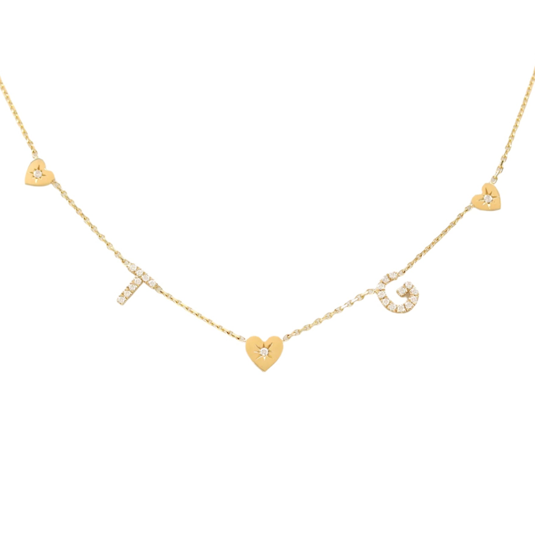 Two Diamond Initials with a Heart - Personalized Diamond Necklace