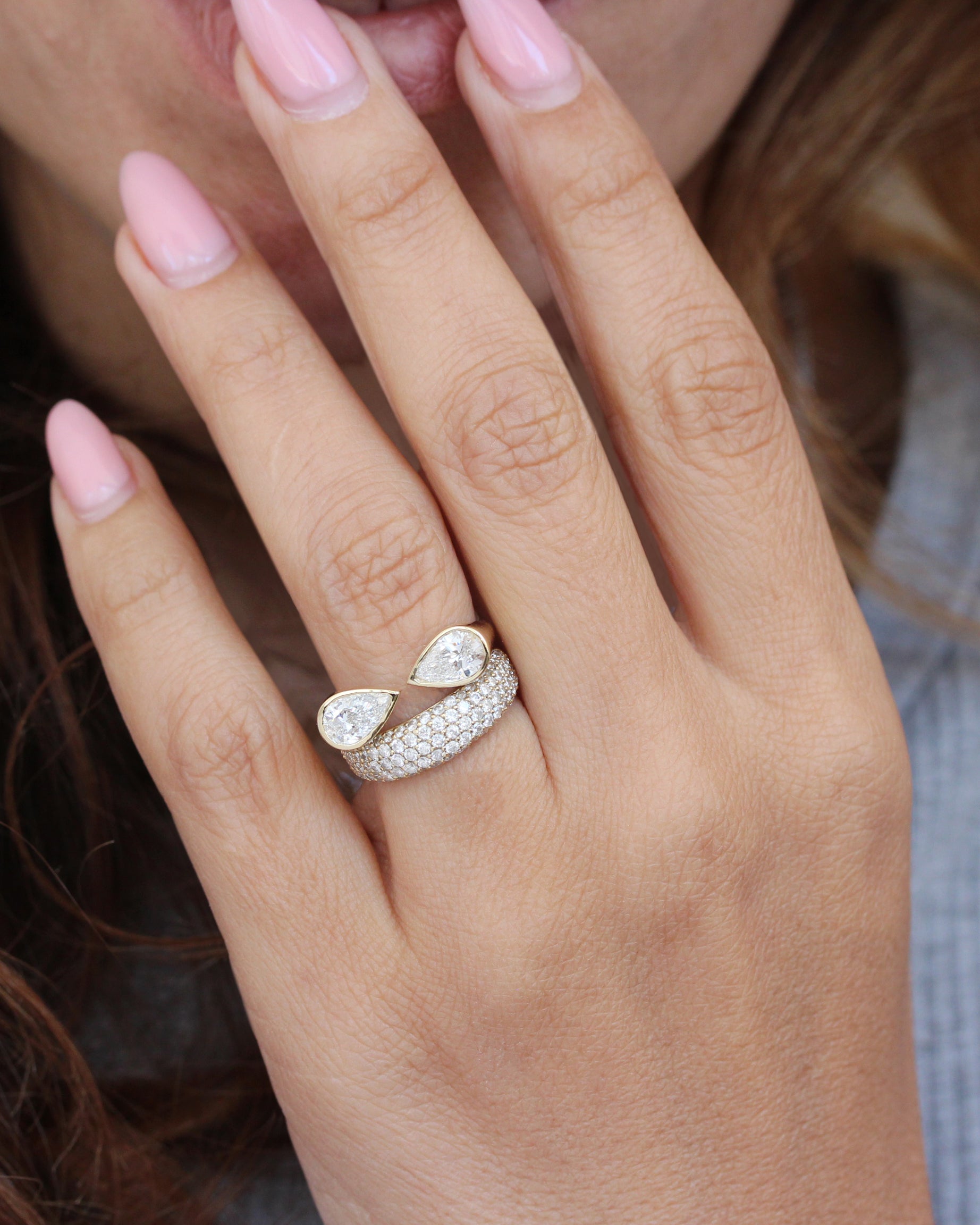 Two Stone Pear Diamond Toi et Moi Bezel Set Cuff Ring, bezel set, pear diamond, two stone ring, cuff ring, toi et moi