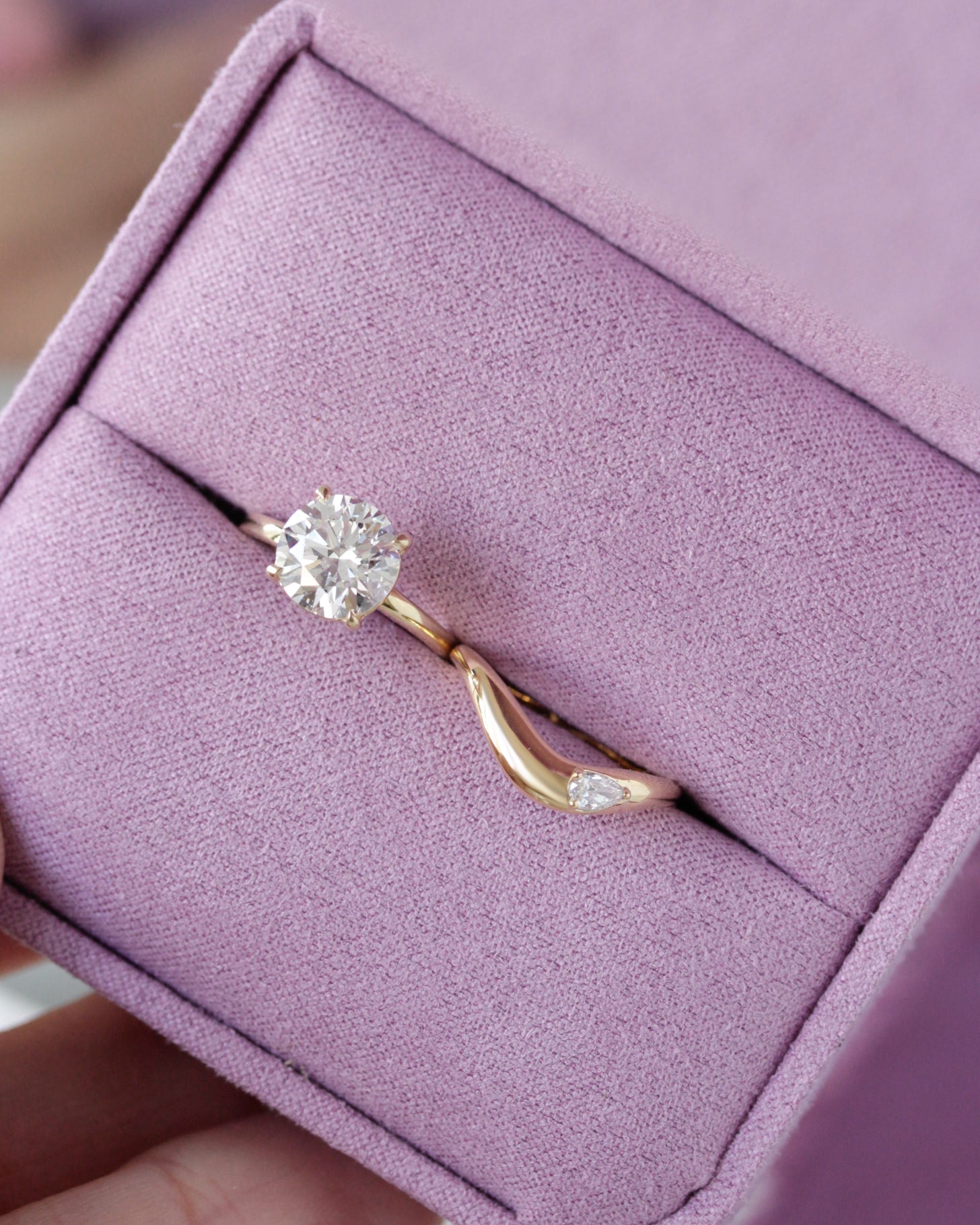 Wave Curved Gold Wedding Pear Diamond Nesting Ring - Silk Wave Mila