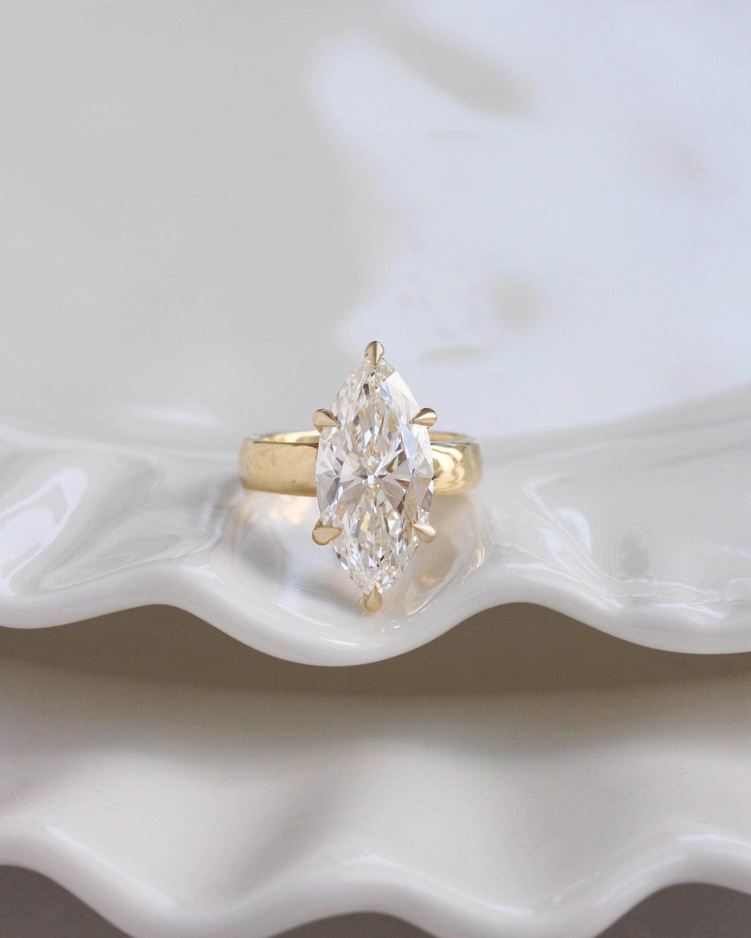 Wide Band Marquise Diamond Solitaire 4mm Band Engagement Ring Arya, 4ct marquise lab grown diamond, modern engagement ring. 6 prongs crown setting, Solitaire, bold, chuncky gold