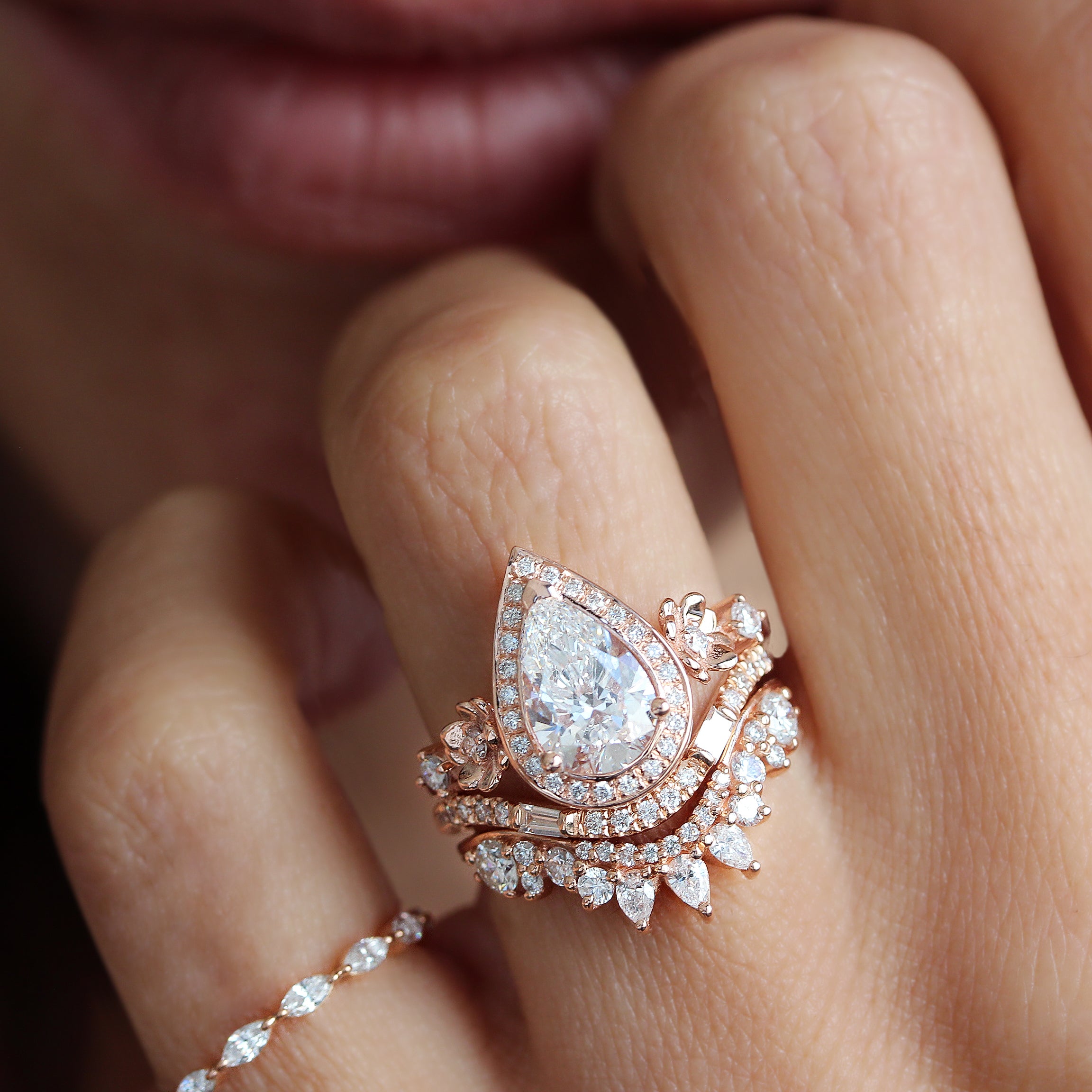 Curved Pear Diamond Wedding Nesting Stacking Ring - Valeria