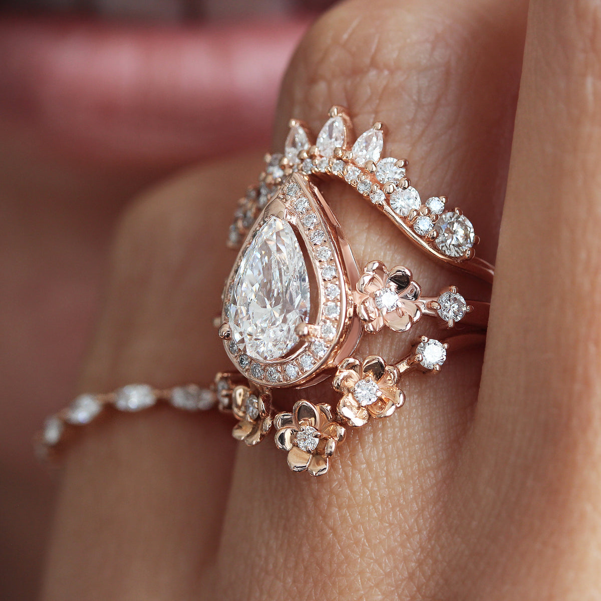 Curved Pear Diamond Wedding Nesting Stacking Ring - Valeria
