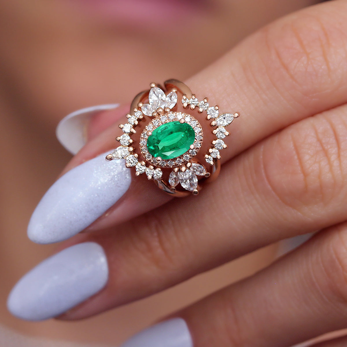 Oval Emerald Engagement Ring with Two Crown Nesting Rings - Athena Armour ♥