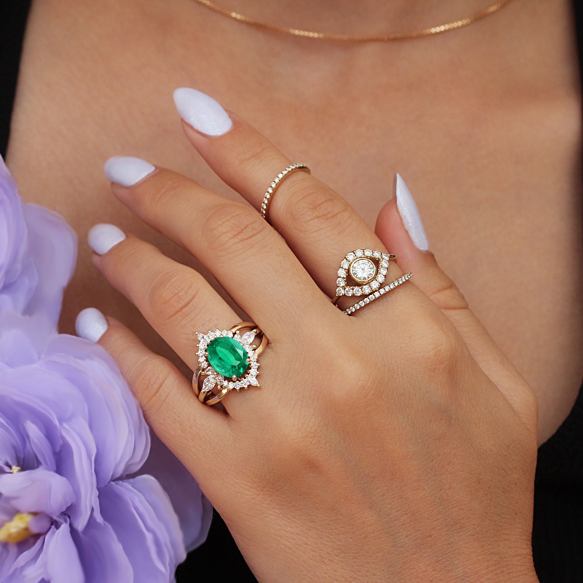 Oval Emerald Engagement Ring with Diamond Ring Guard - Jordan and Athena Armour ♥