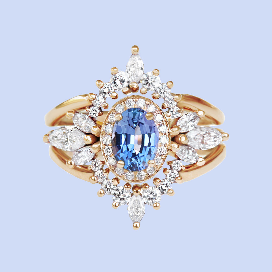 טבעת אירוסין טנזנית סגלגלה ויהלום, עם שתי טבעות קינון כתר תואמות, סט שלוש טבעות, כתר אתנה ♥