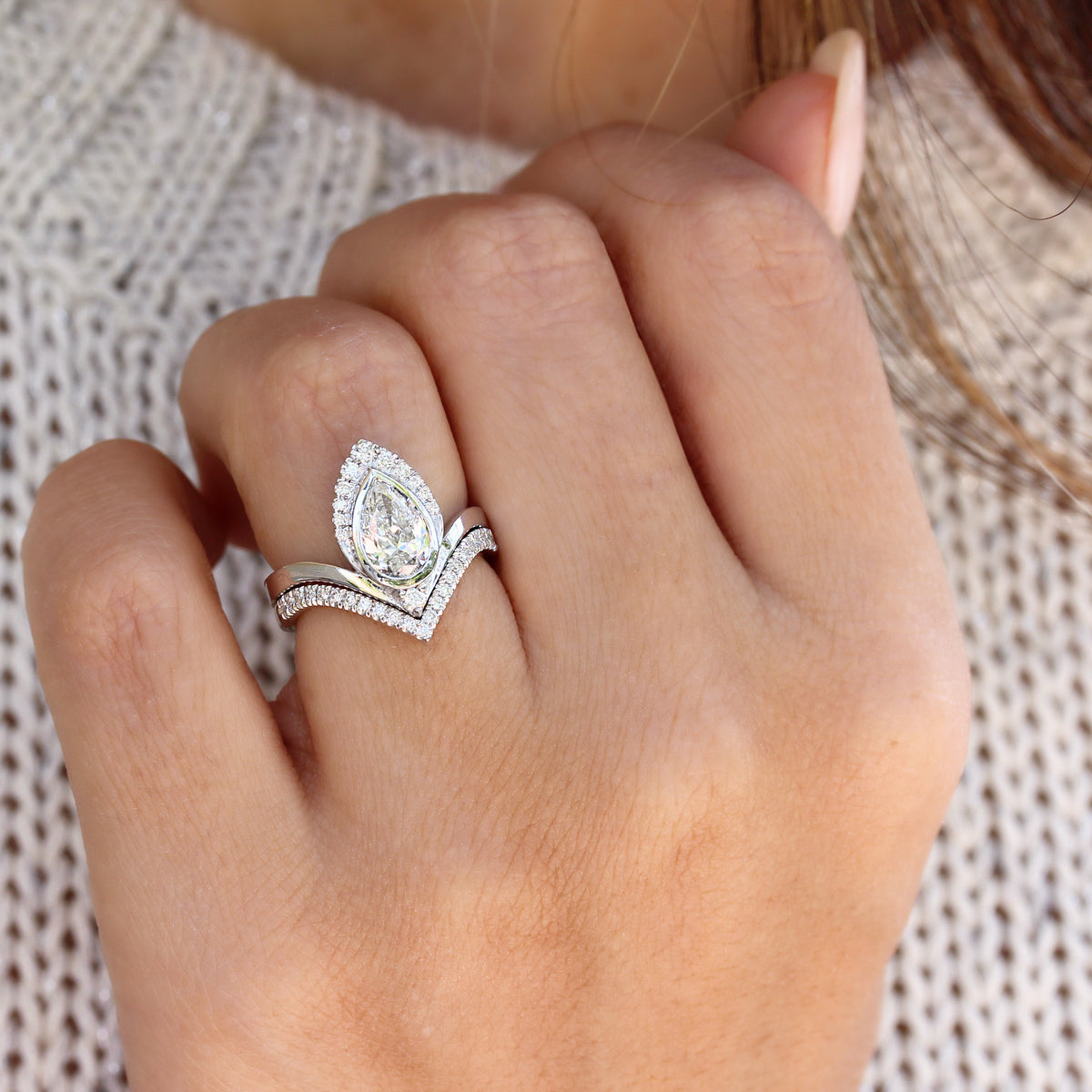 Pear Diamond with Matching Chevron V Wedding Band, Engagement Rings set, "Atyasha"