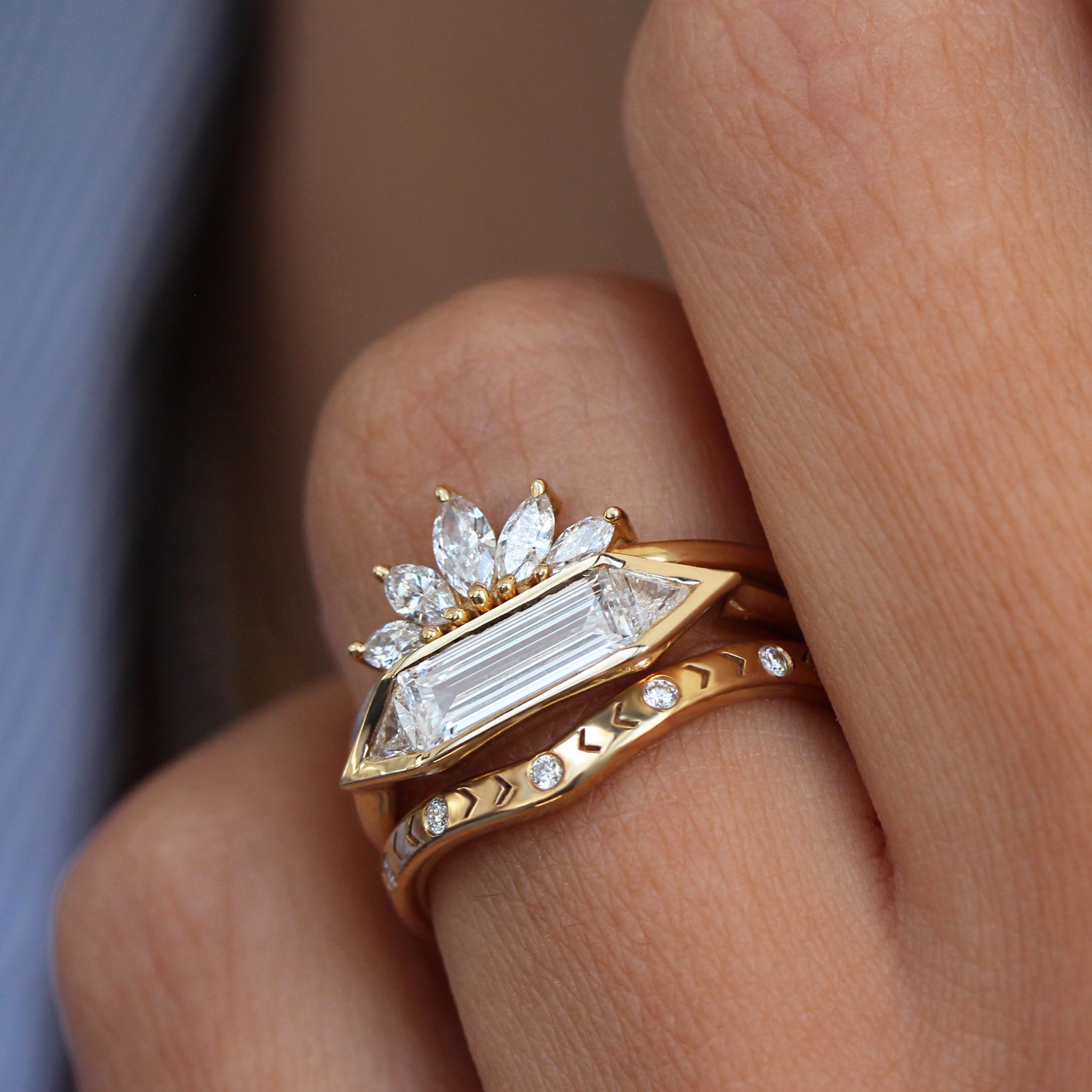 Long Baguette Three Stone Geometric Diamond ring