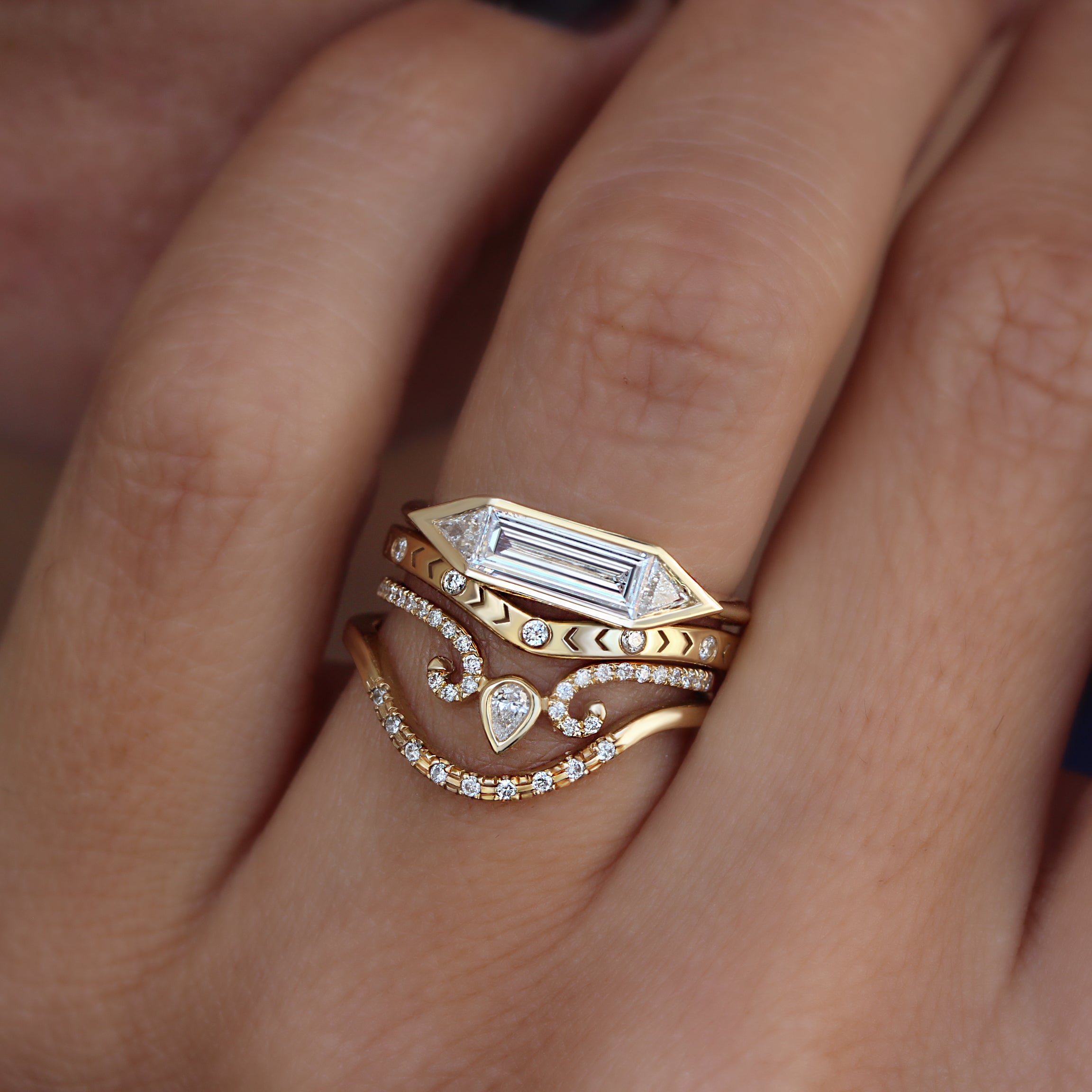 Long Baguette Three Stone Geometric Diamond ring