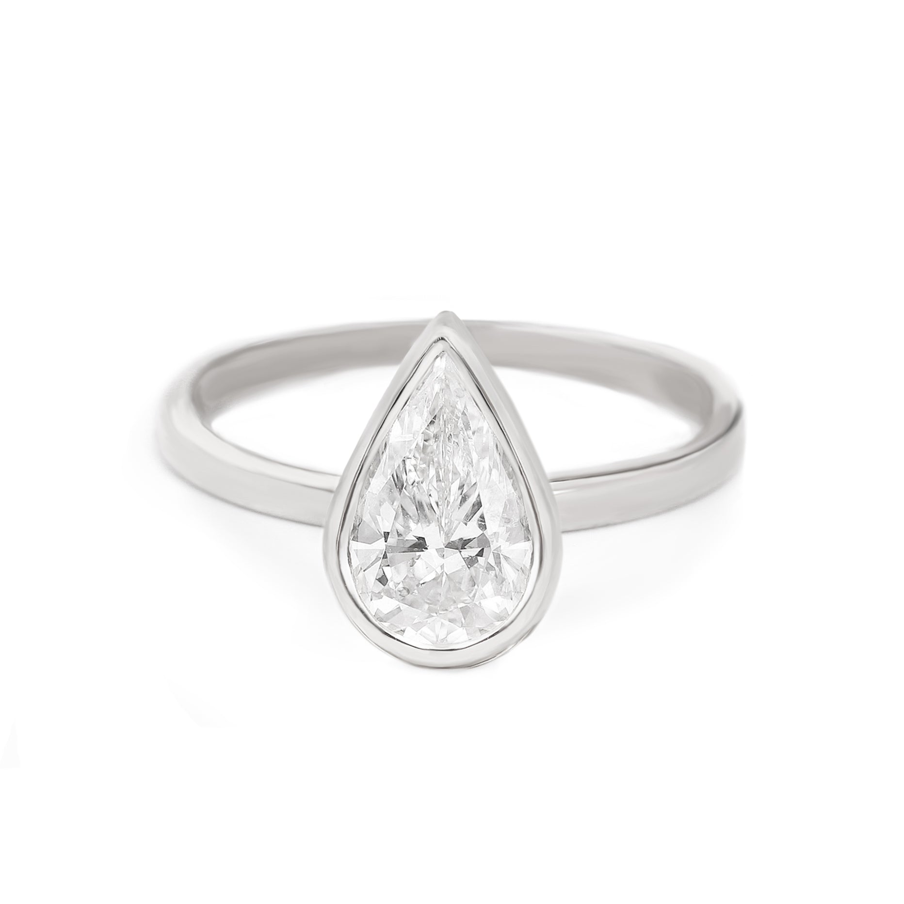 Pear Shape Bezel Solitaire Diamond Engagement Ring - Jade white gold
