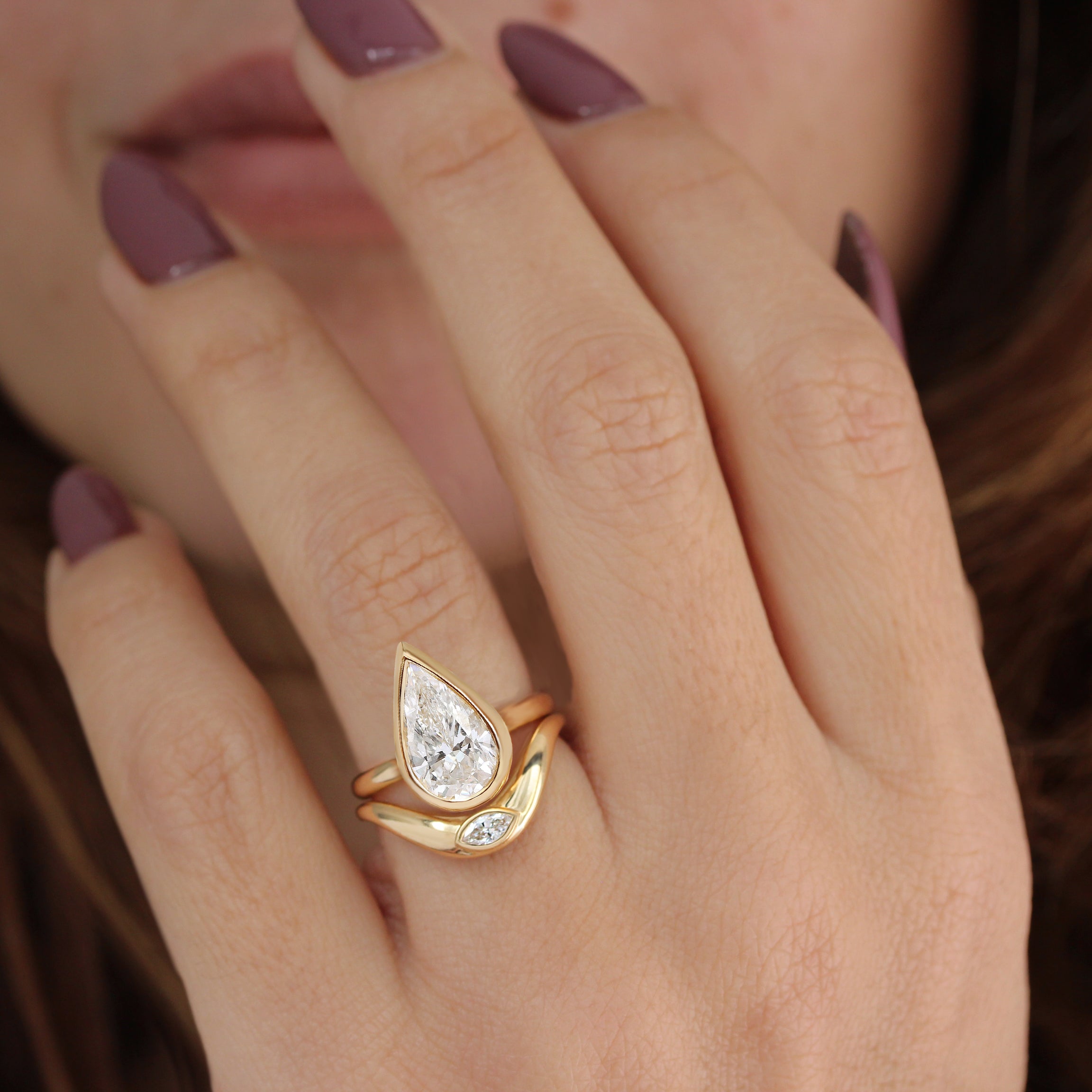 Pear Shape Bezel Solitaire Diamond Engagement Ring - Jade yellow gold