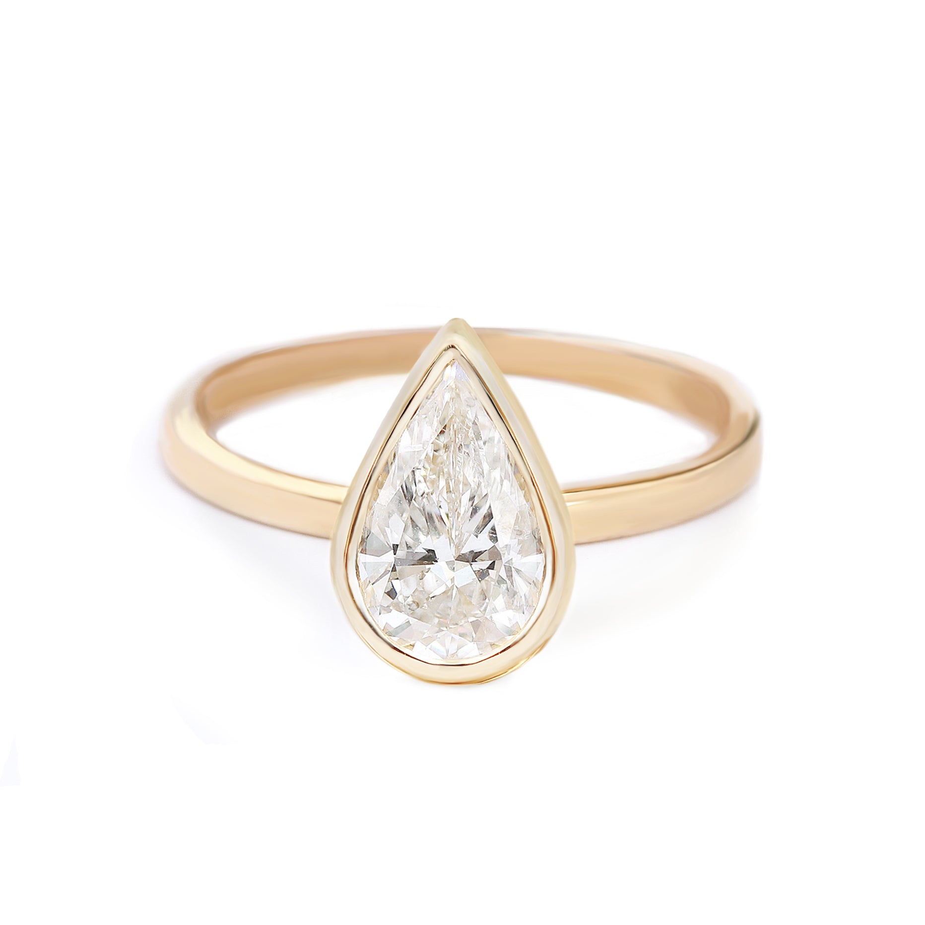 Pear Shape Bezel Solitaire Diamond Engagement Ring - Jade yellow gold