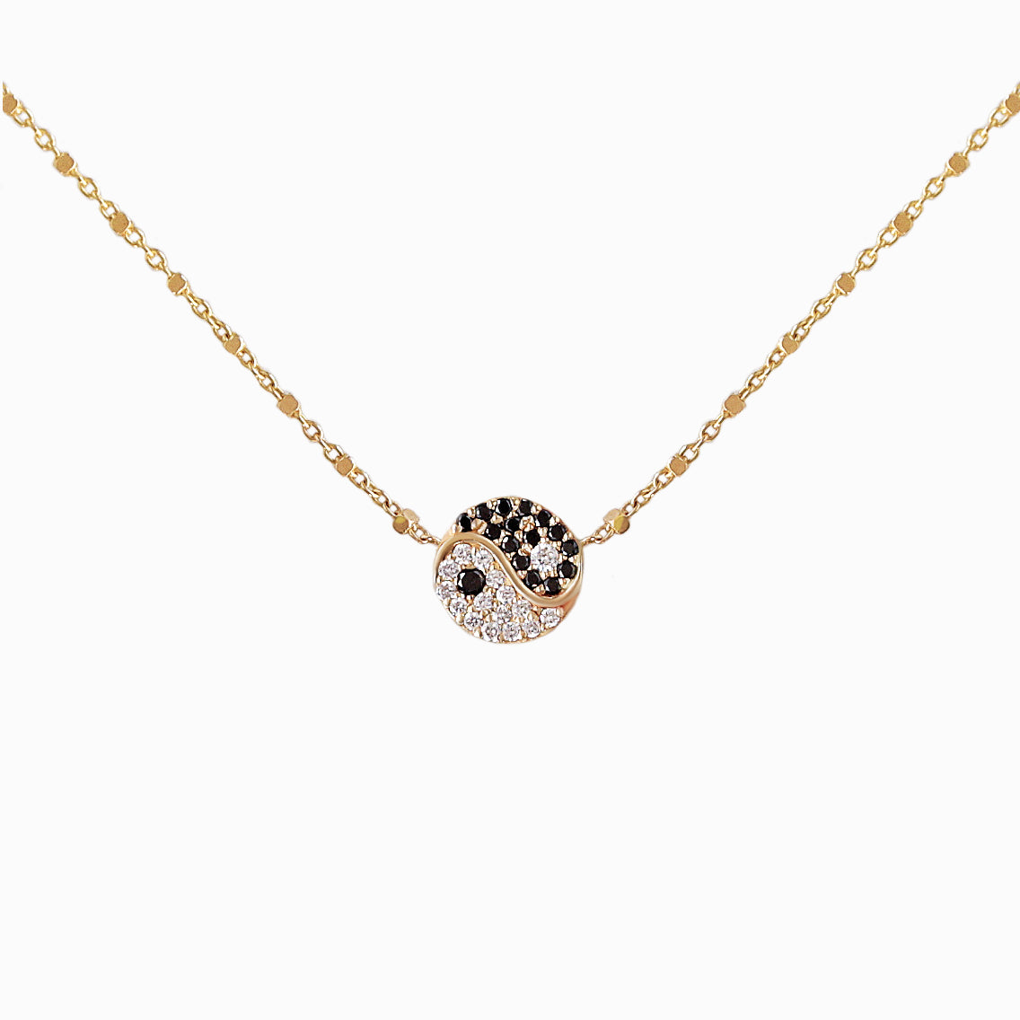 Yin and Yang Horizontal, Black and White Diamonds Gold Beads Necklace