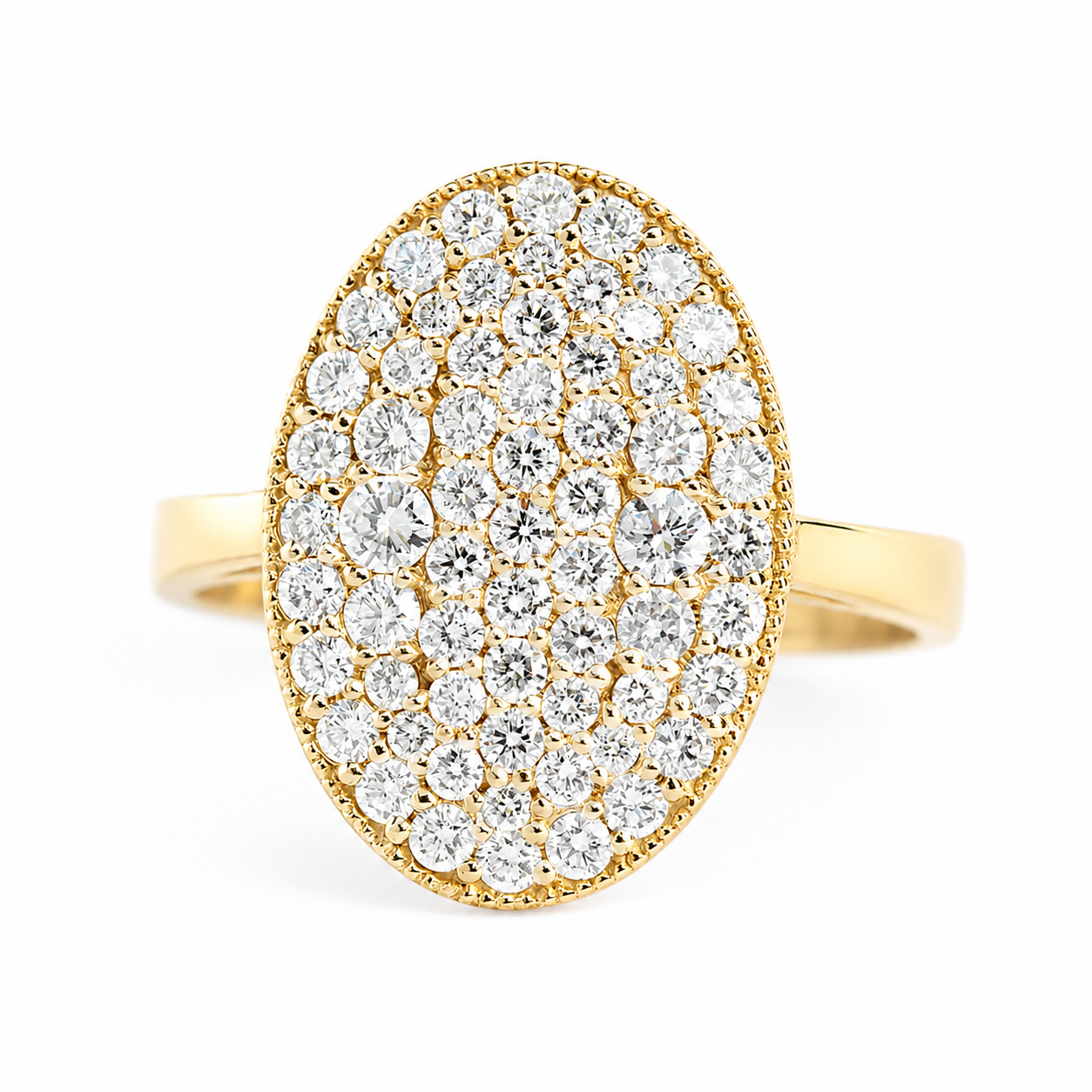 big oval pave set diamond cocktail statement ring yellow gold