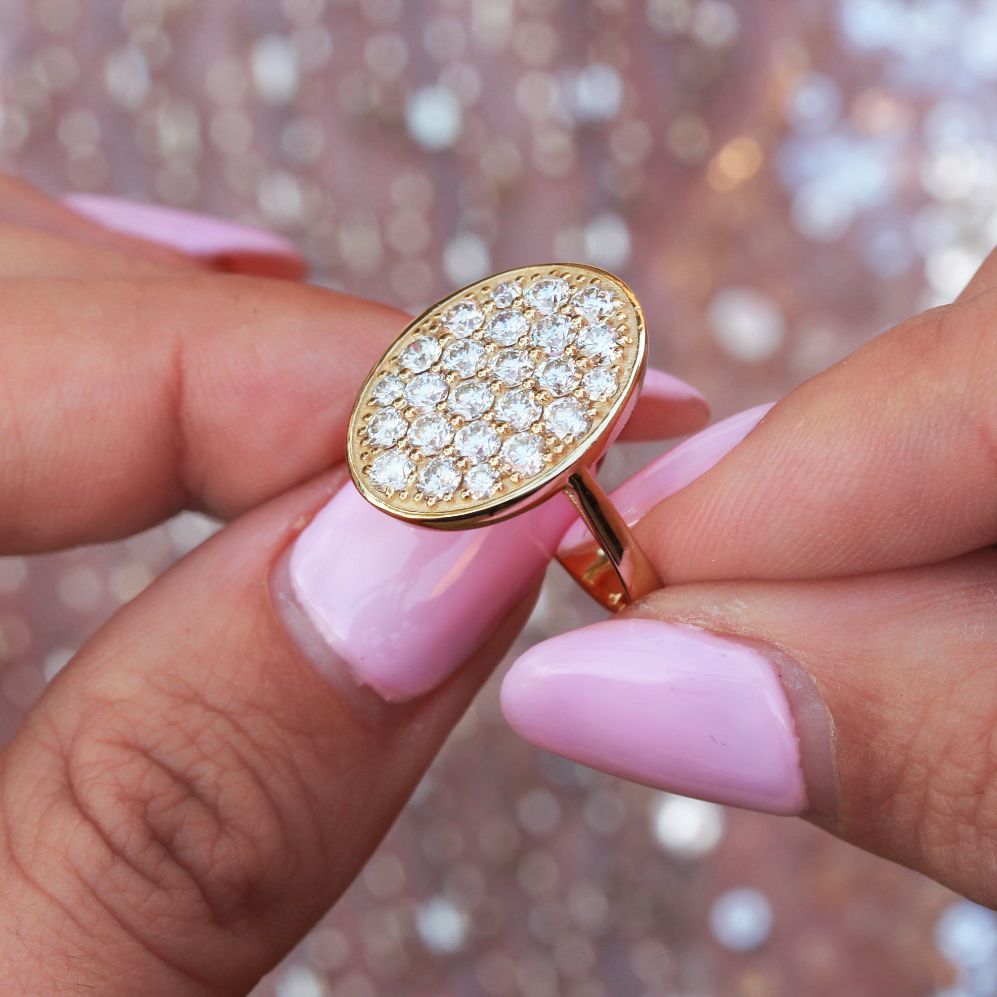 Big Diamonds Victorian inspired Cluster Diamond Oval ring with gold frame