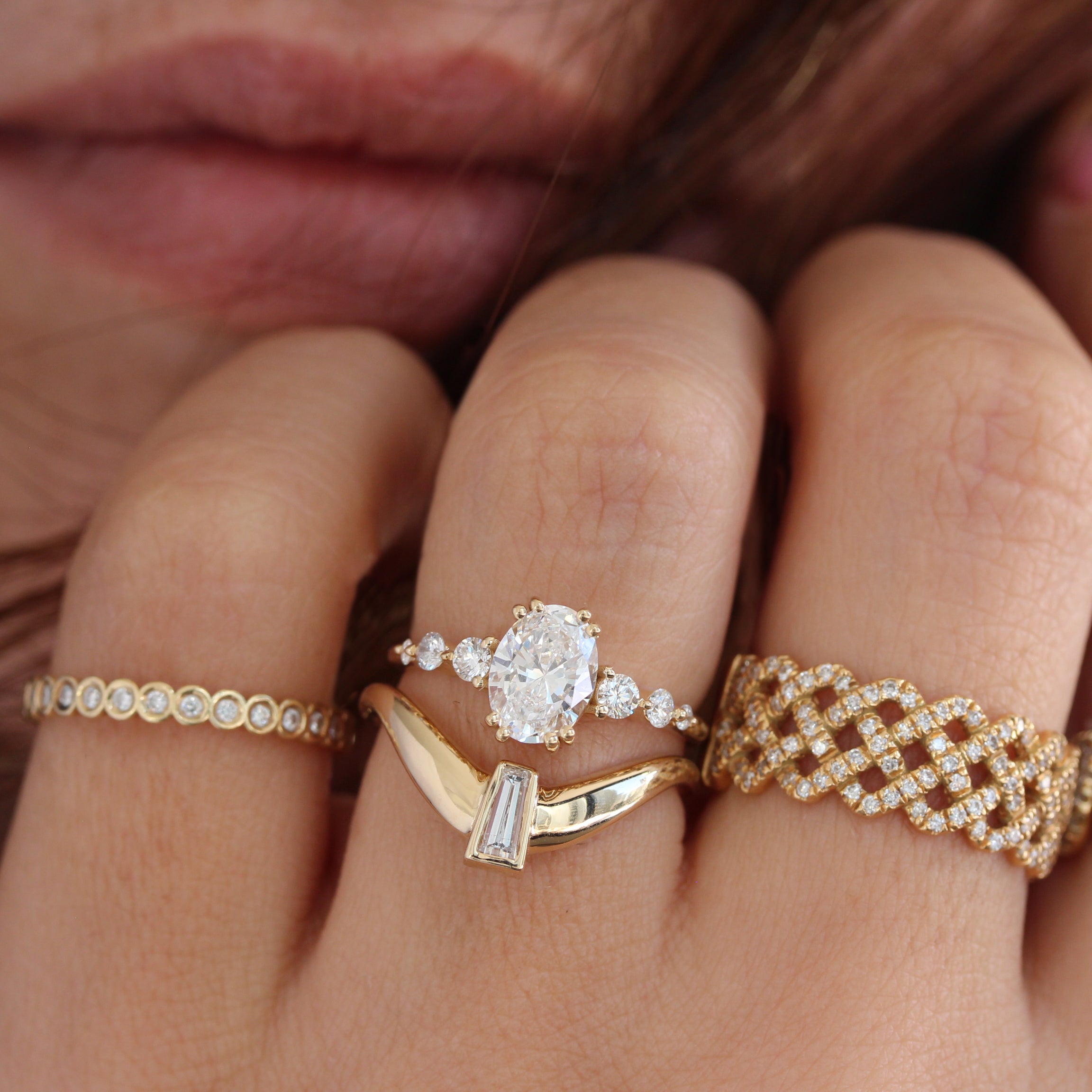 oval diamond engagement ring Artemis, marquise, taped diamonds, unique