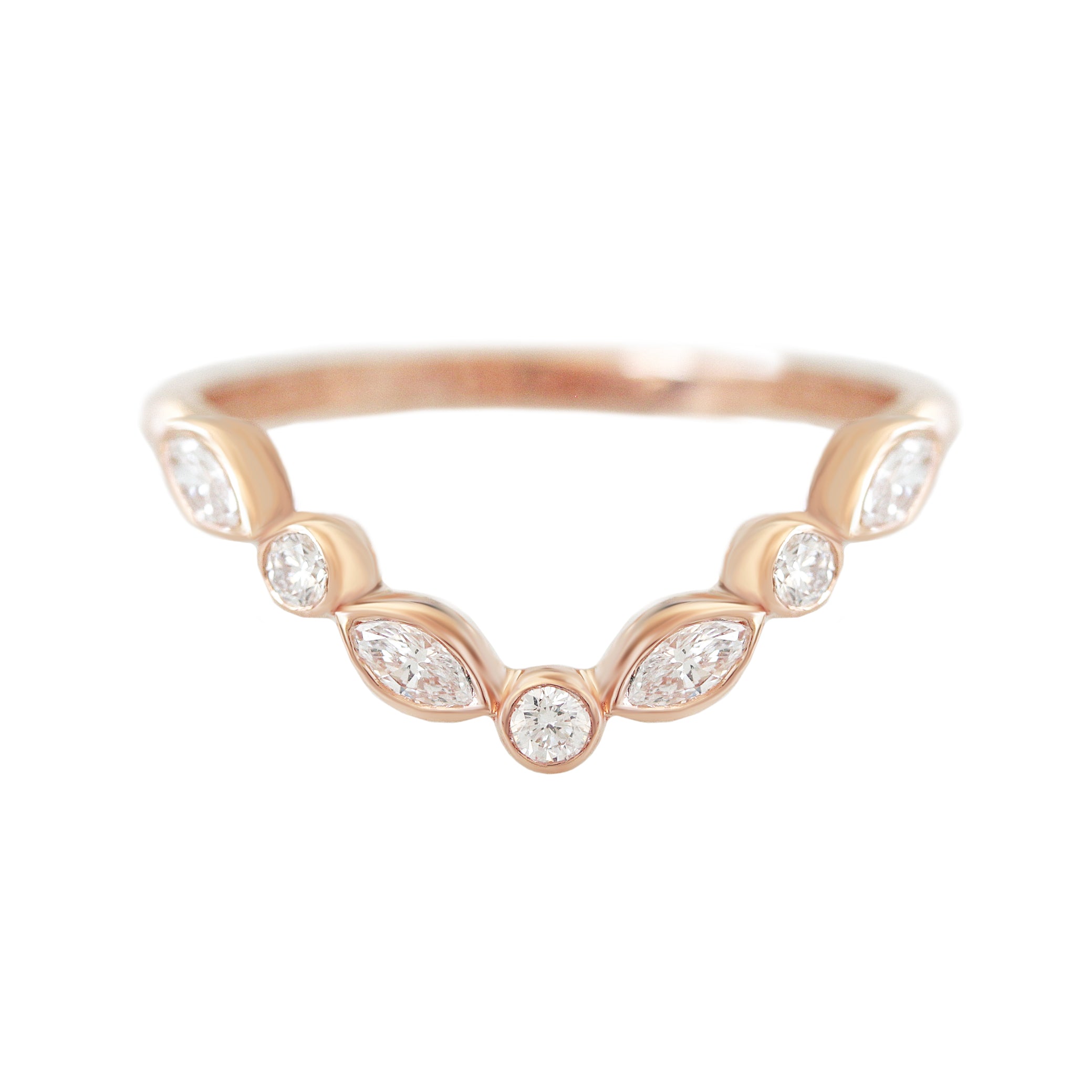 Bezel Setting Chevron Nesting V Ring, Unique Wedding Ring, 14K Rose Gold, Lily Emma Sideband