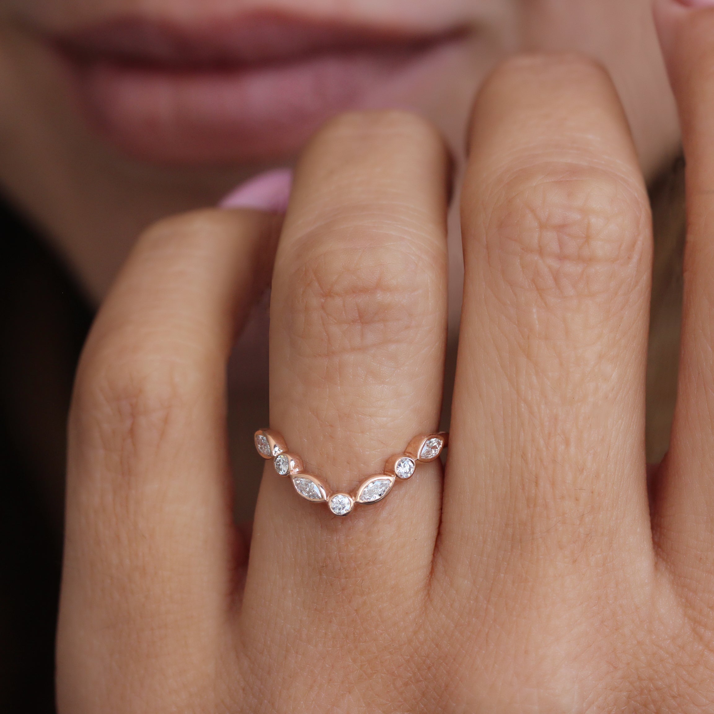 Bezel Setting Chevron Nesting V Ring, Unique Wedding Ring, 14K Rose Gold, Lily Emma Sideband