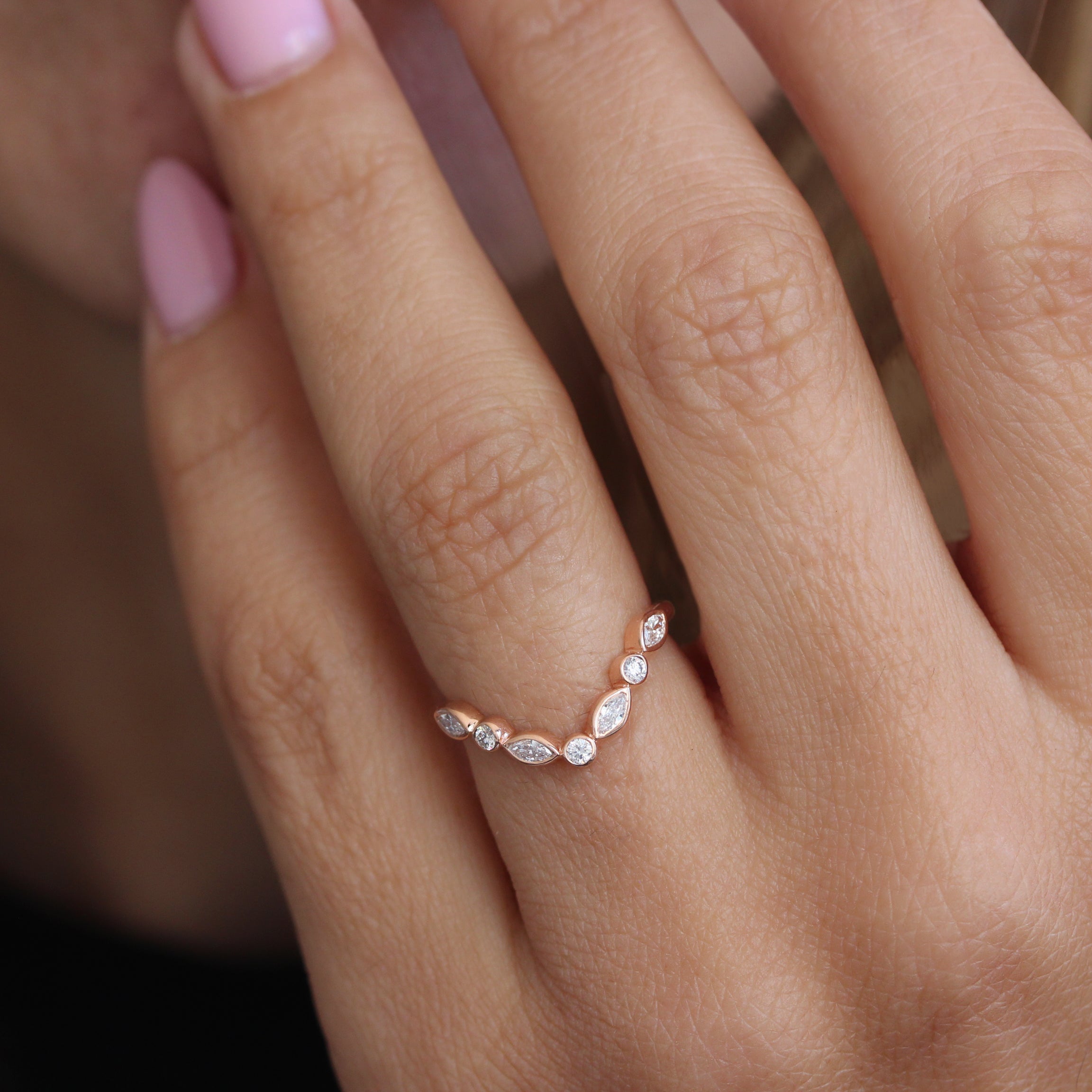 Bezel Setting Chevron Nesting V Ring, Unique Wedding Ring, 14K Rose Gold, Lily Emma Sideband