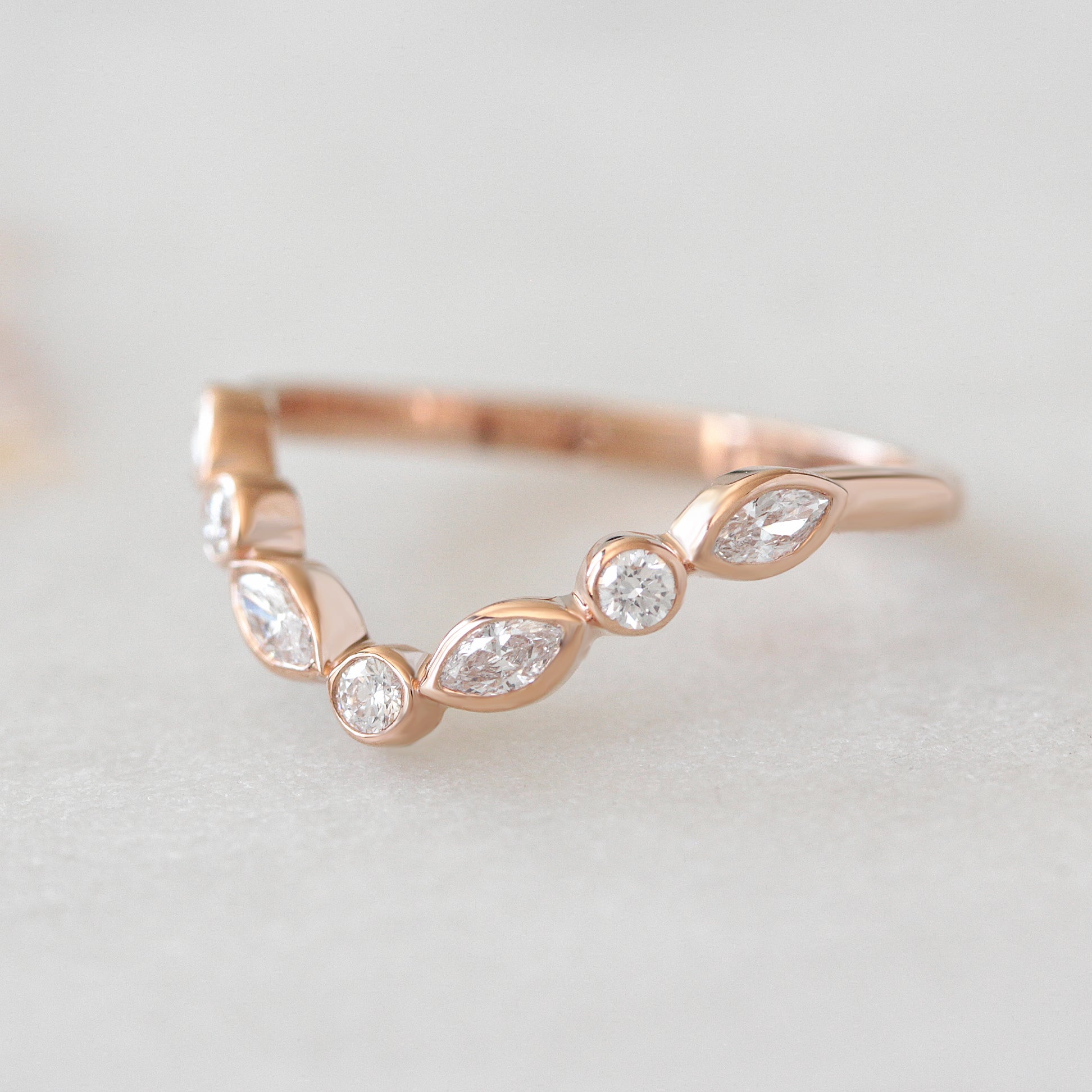 Bezel Setting Chevron Nesting V Ring, Unique Wedding Ring, 14K Rose Gold, Lily Emma Sideband