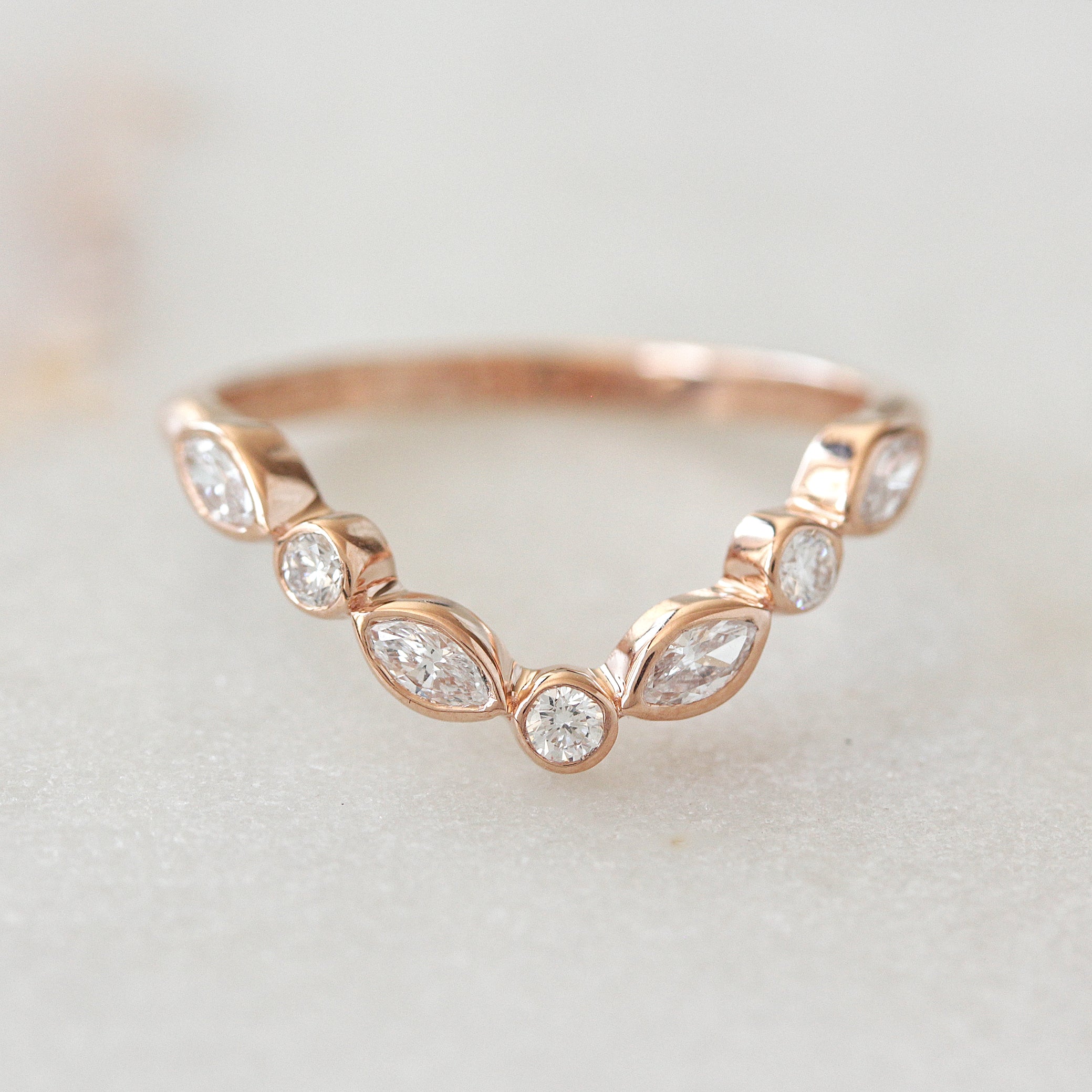 Bezel Setting Chevron Nesting V Ring, Unique Wedding Ring, 14K Rose Gold, Lily Emma Sideband