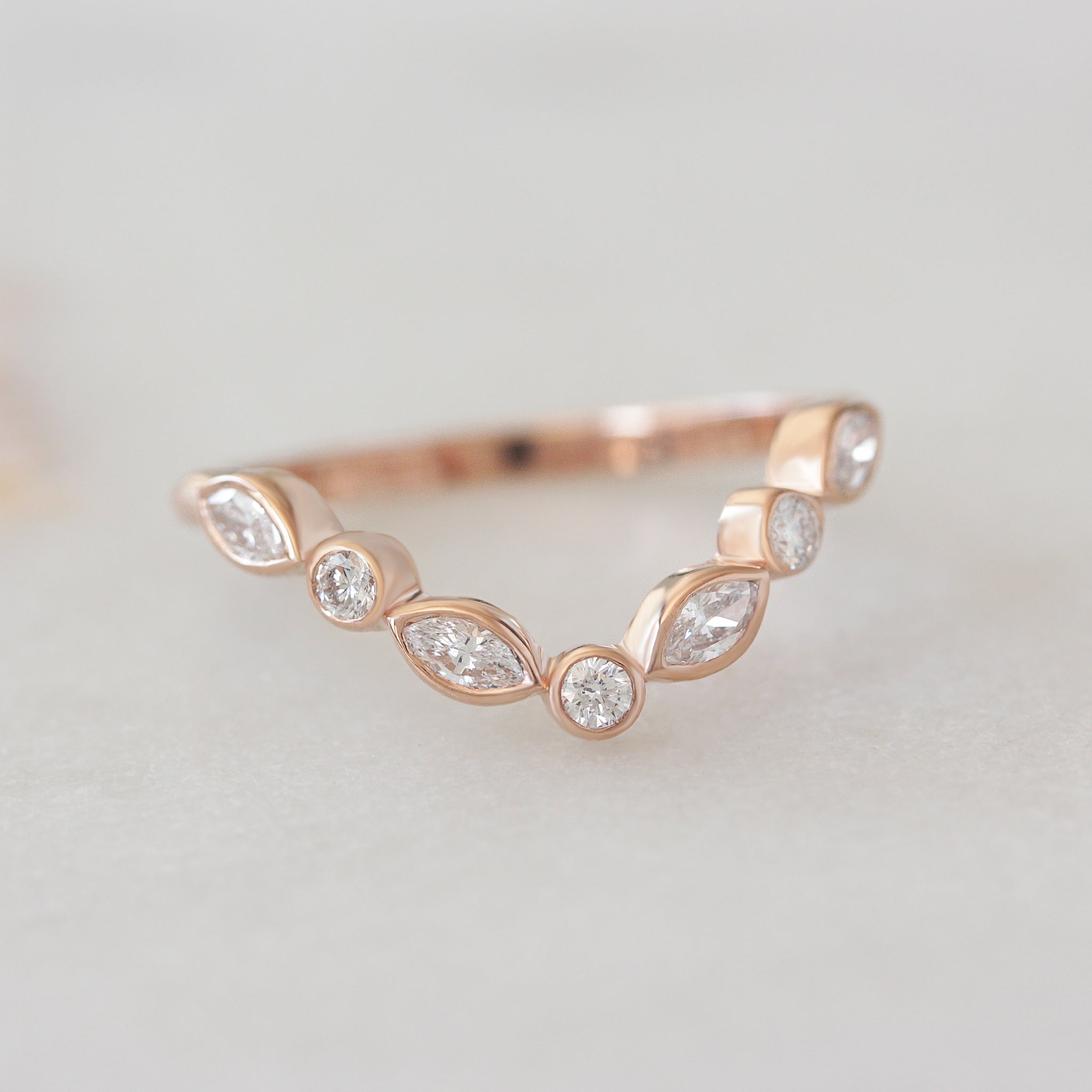 Bezel Setting Chevron Nesting V Ring, Unique Wedding Ring, 14K Rose Gold, Lily Emma Sideband