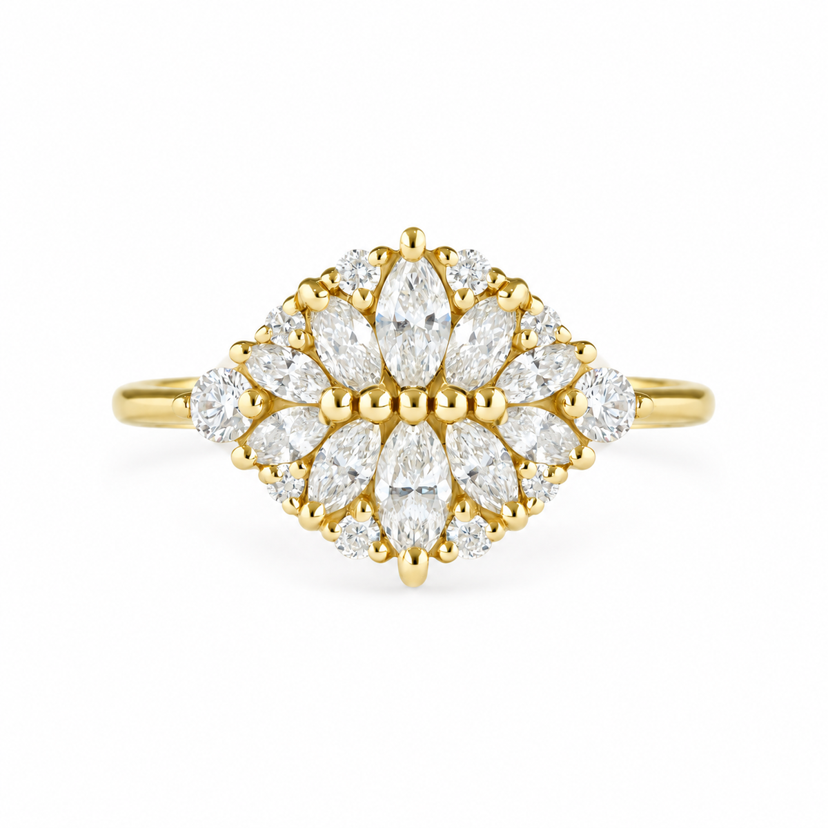A yellow gold ring featuring a radiant cluster of marquise-cut and round brilliant-cut diamonds, set against a clean white background.