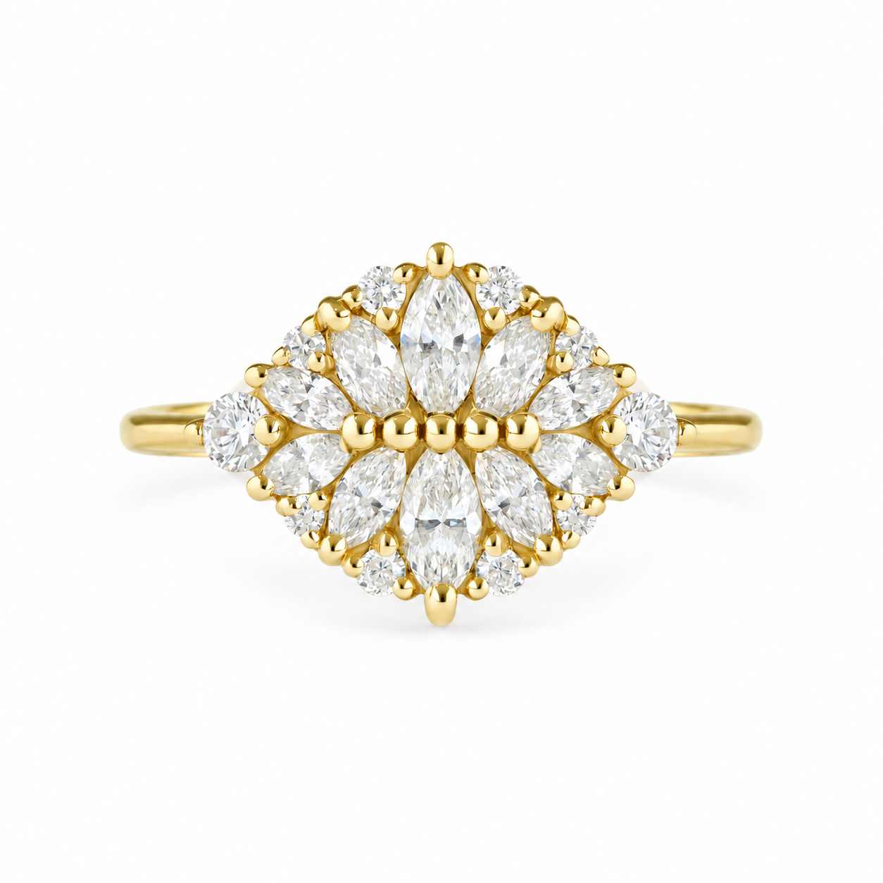 A yellow gold ring featuring a radiant cluster of marquise-cut and round brilliant-cut diamonds, set against a clean white background.