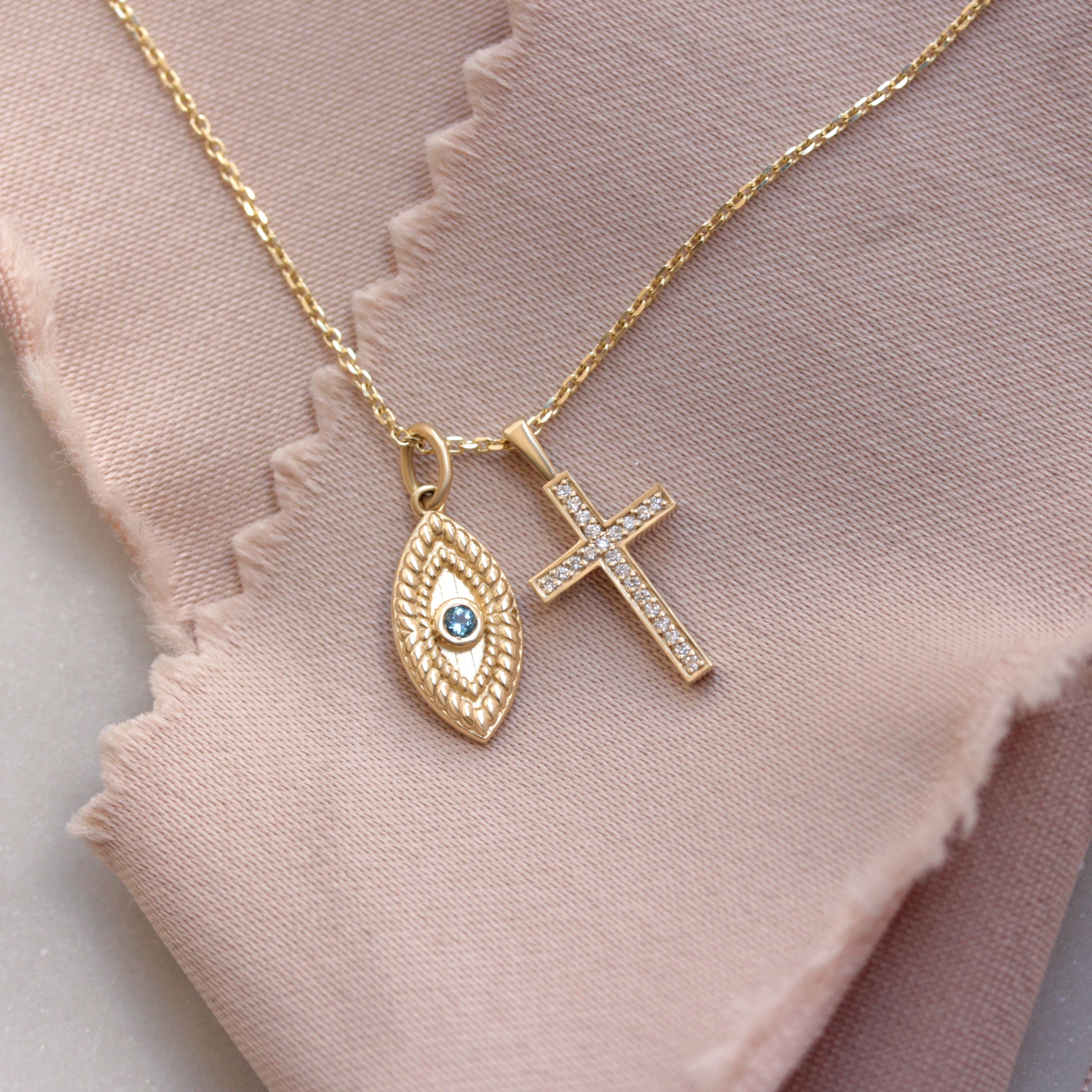 Evil Eye 14K Solid Gold Charm, protection Amulet Blue topaz