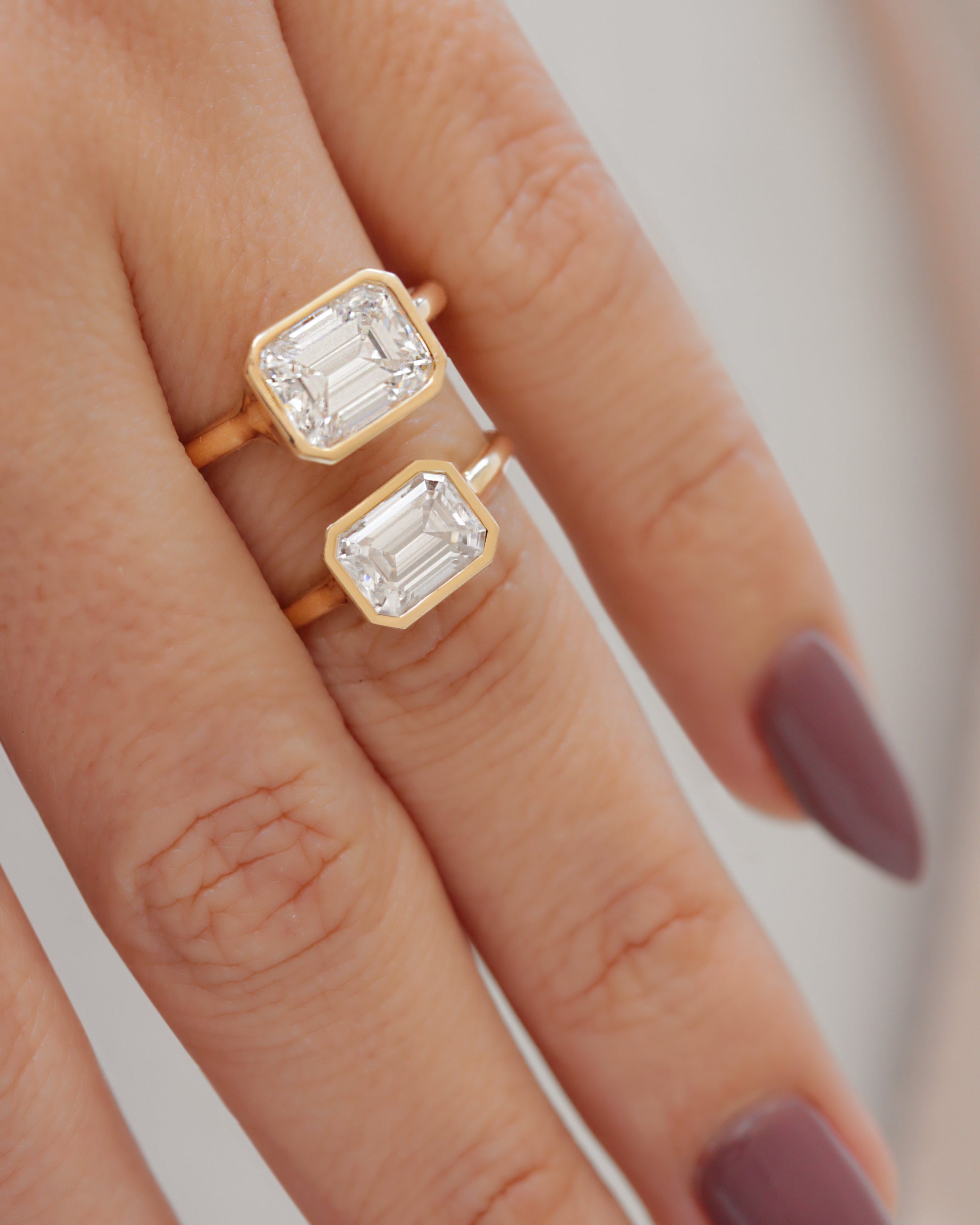East West Emerald Cut Solitaire Bezel Set Diamond Engagement Ring - Jade