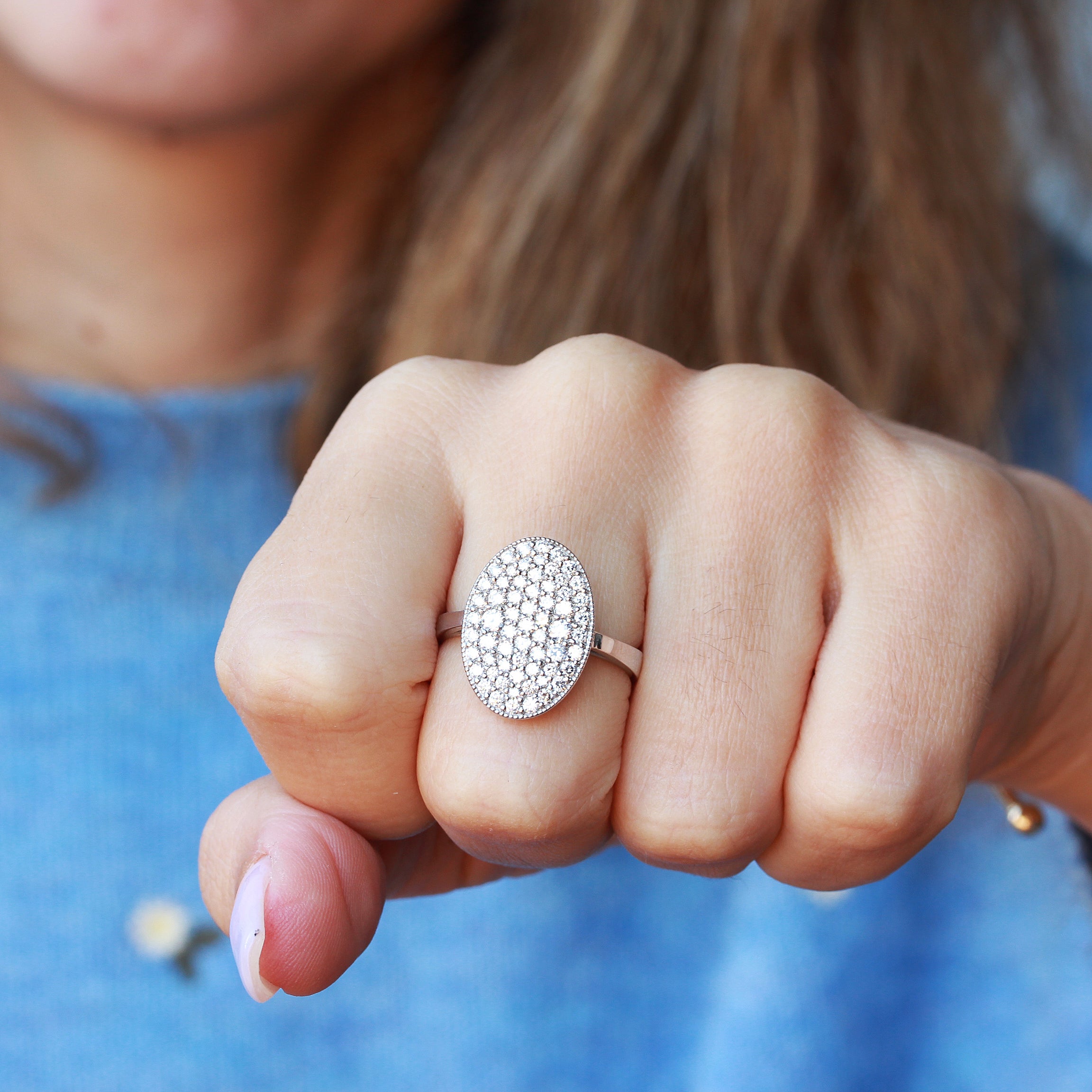 Big Oval Pave Diamond Statement Right Hand Ring