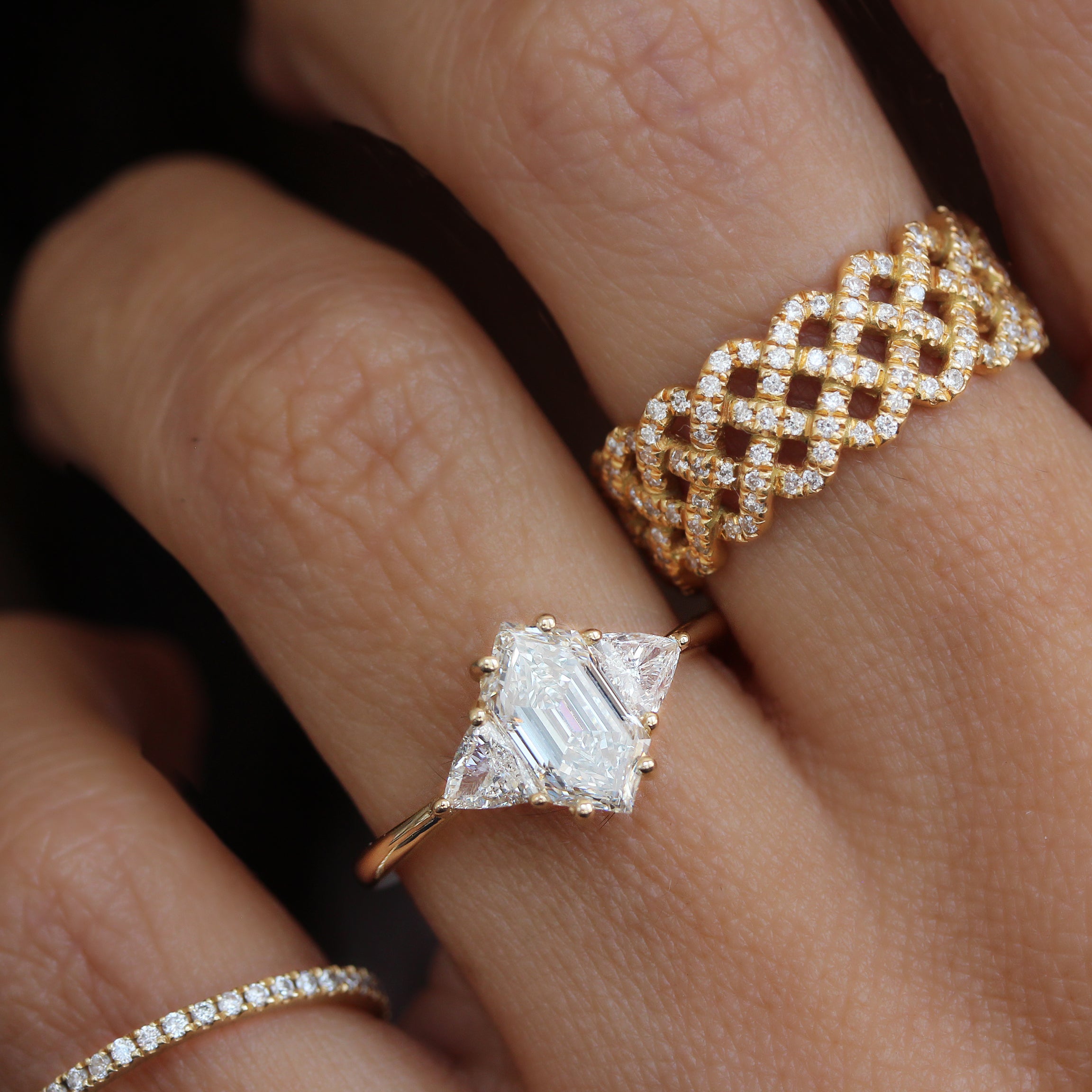 Elongated Hexagon Diamond Three Stone Engagement ring