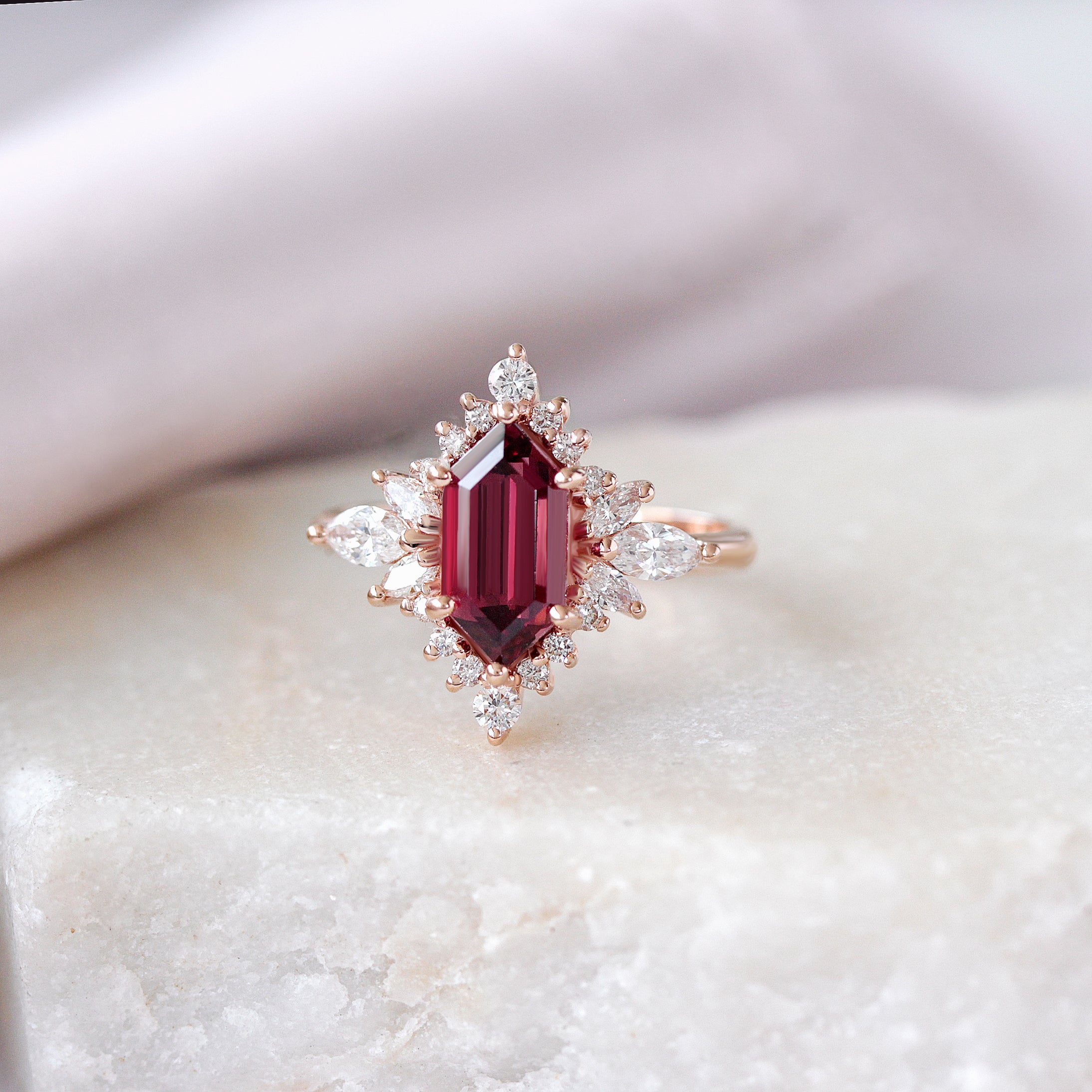 Elongated Hexagon Rhodolite and diamond halo Gemstone Engagement Ring Nora