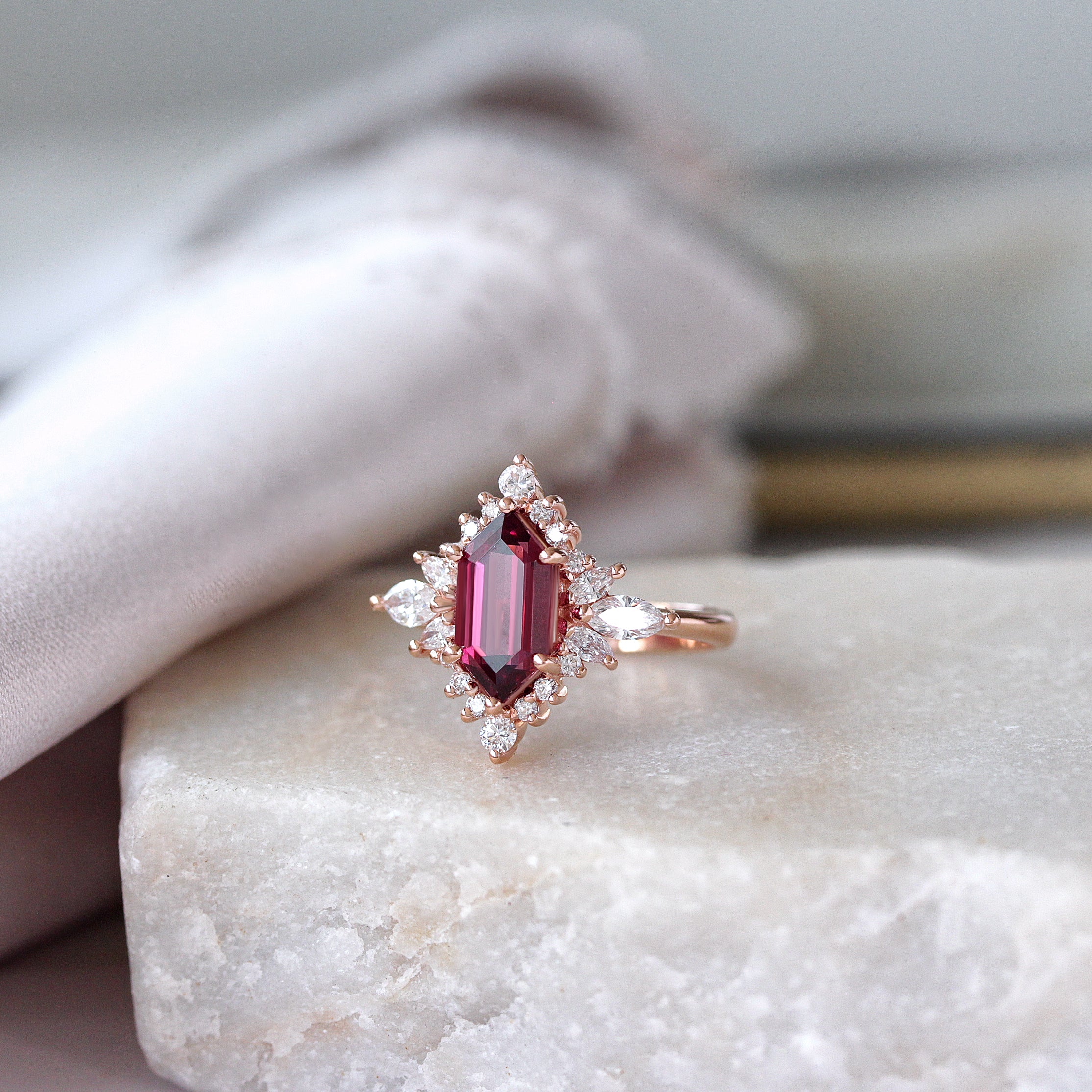 Elongated Hexagon Rhodolite and diamond halo Gemstone Engagement Ring Nora