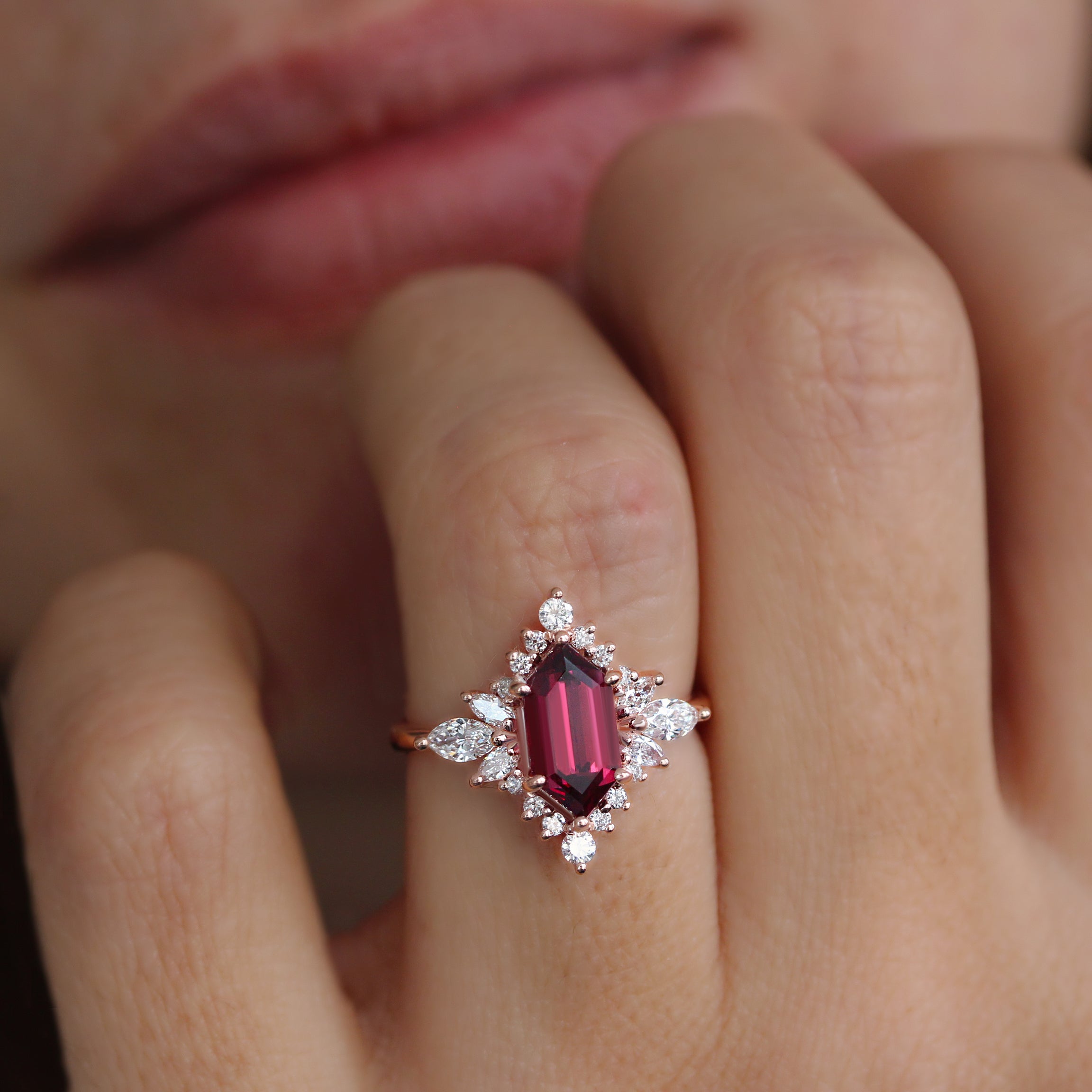 Elongated Hexagon Rhodolite and diamond halo Gemstone Engagement Ring Nora