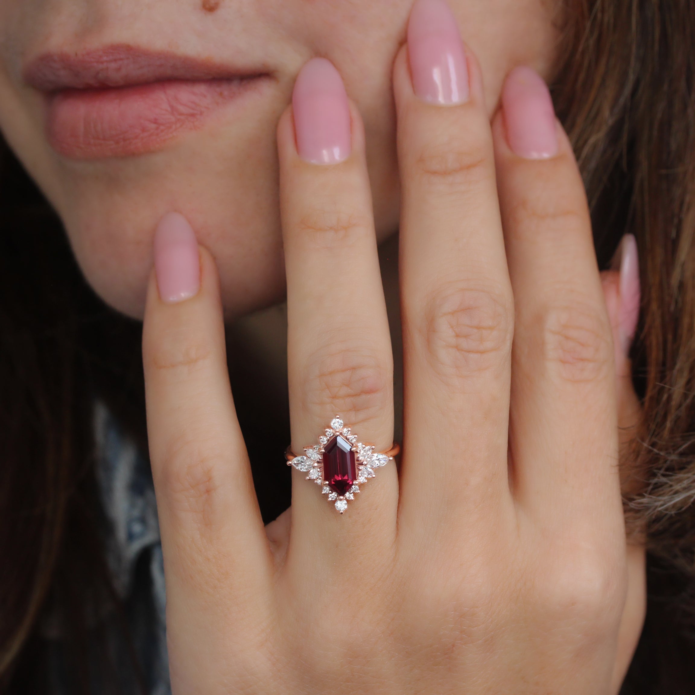 Elongated Hexagon Rhodolite and diamond halo Gemstone Engagement Ring Nora