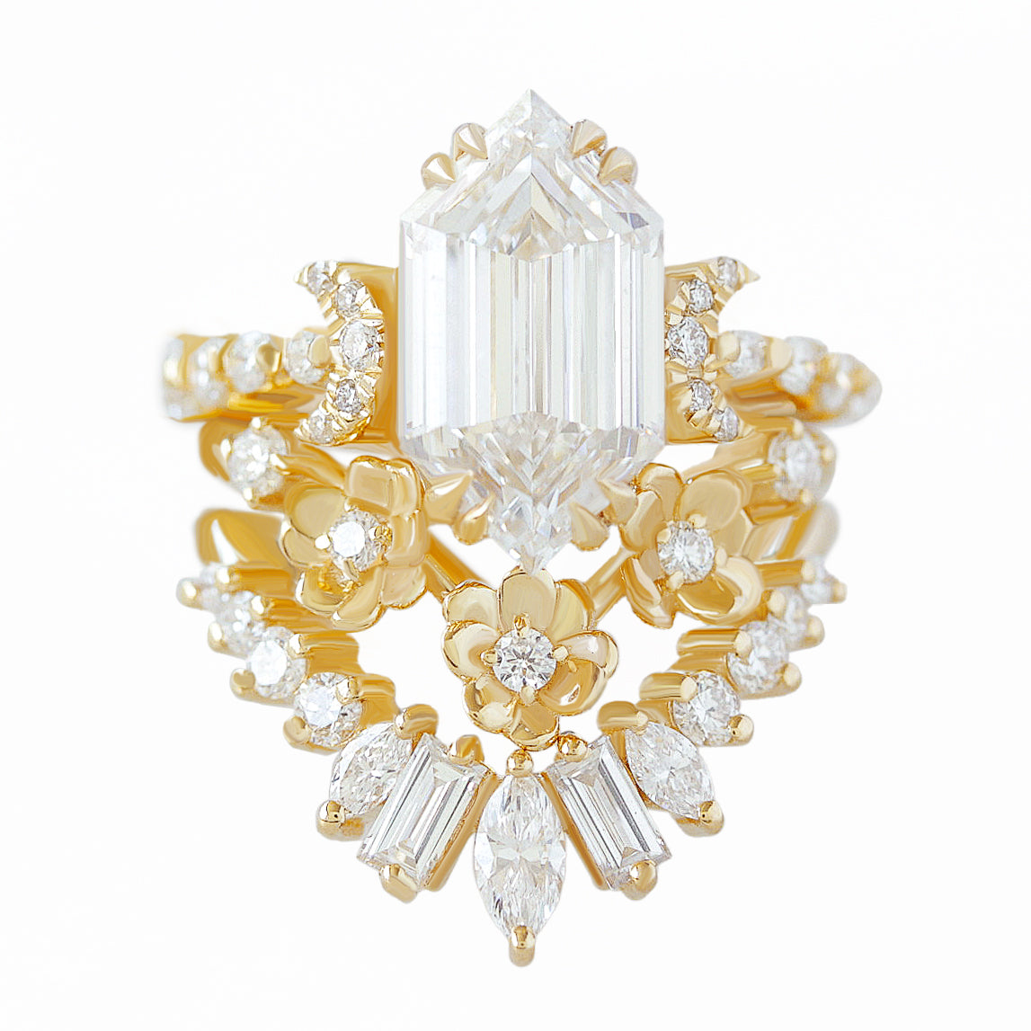 3 Carat Elongated Hexagon Lab Diamond Celestial Moon, Flowers, Three Ring Set