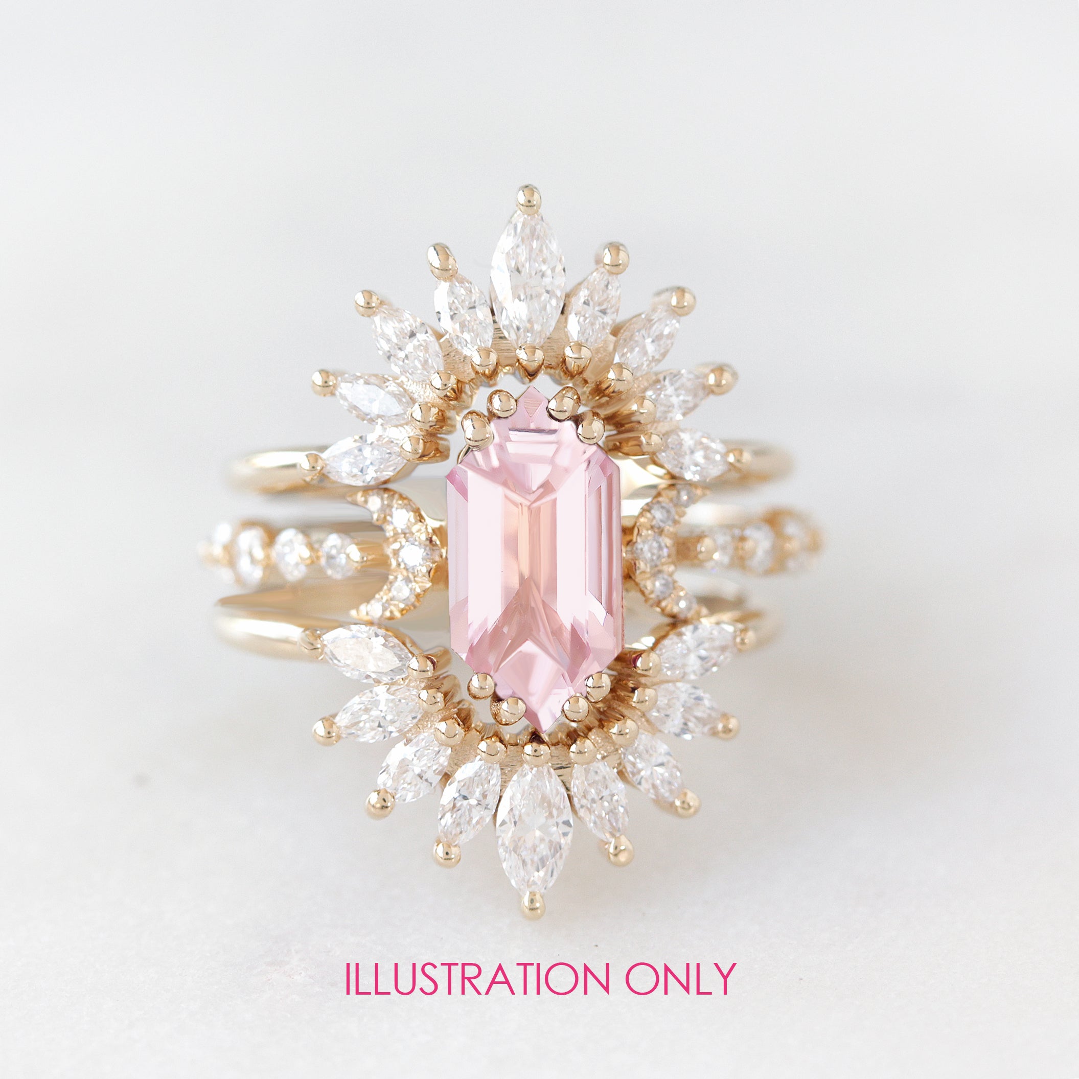 Private Listing for Michael - Custom order Long Hexagon Morganite and Sunburst Nesting Rings Diamonds Three Ring Set
