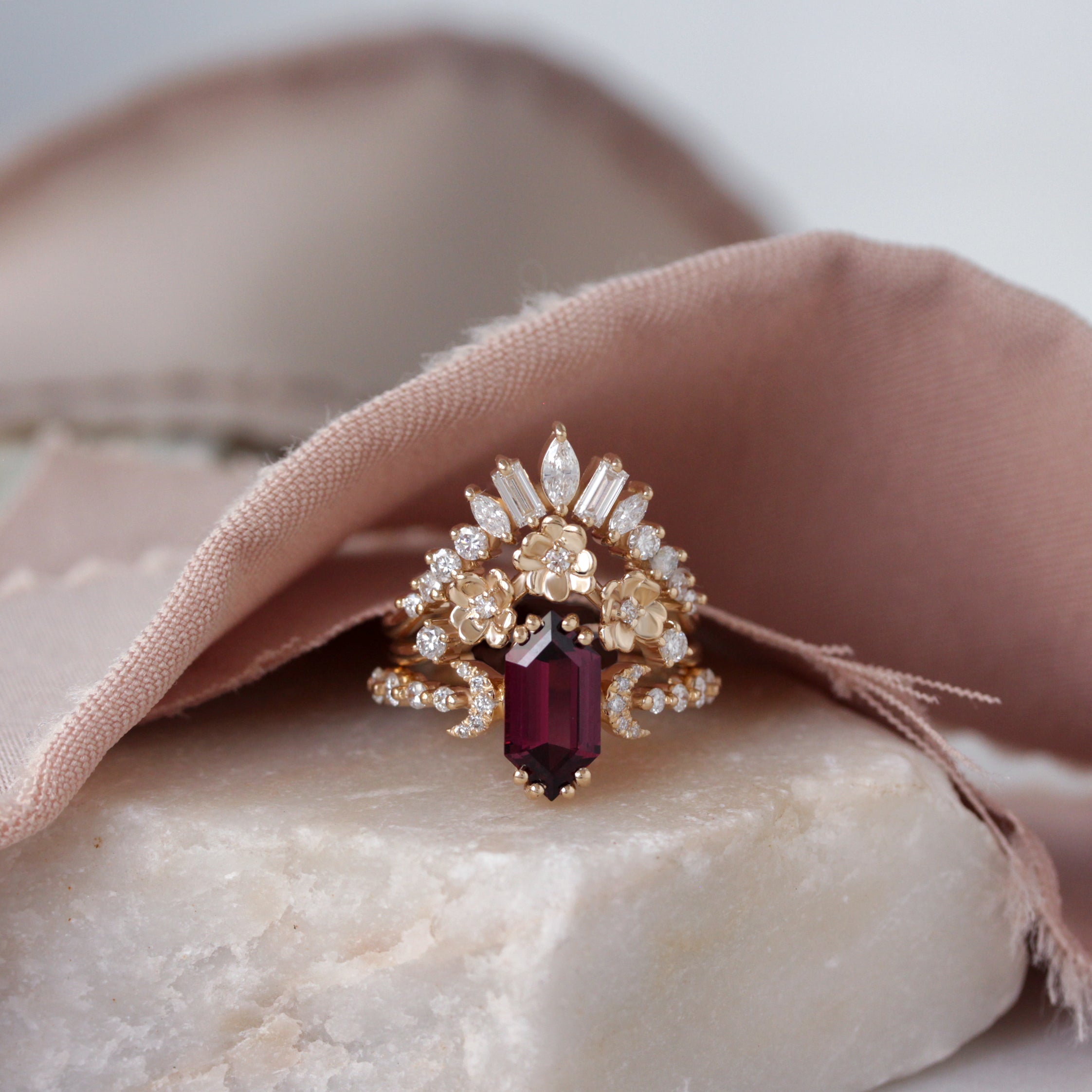 Long Hexagon Rhodolite and Diamonds Flowers Boho Engagement - Three Ring Set