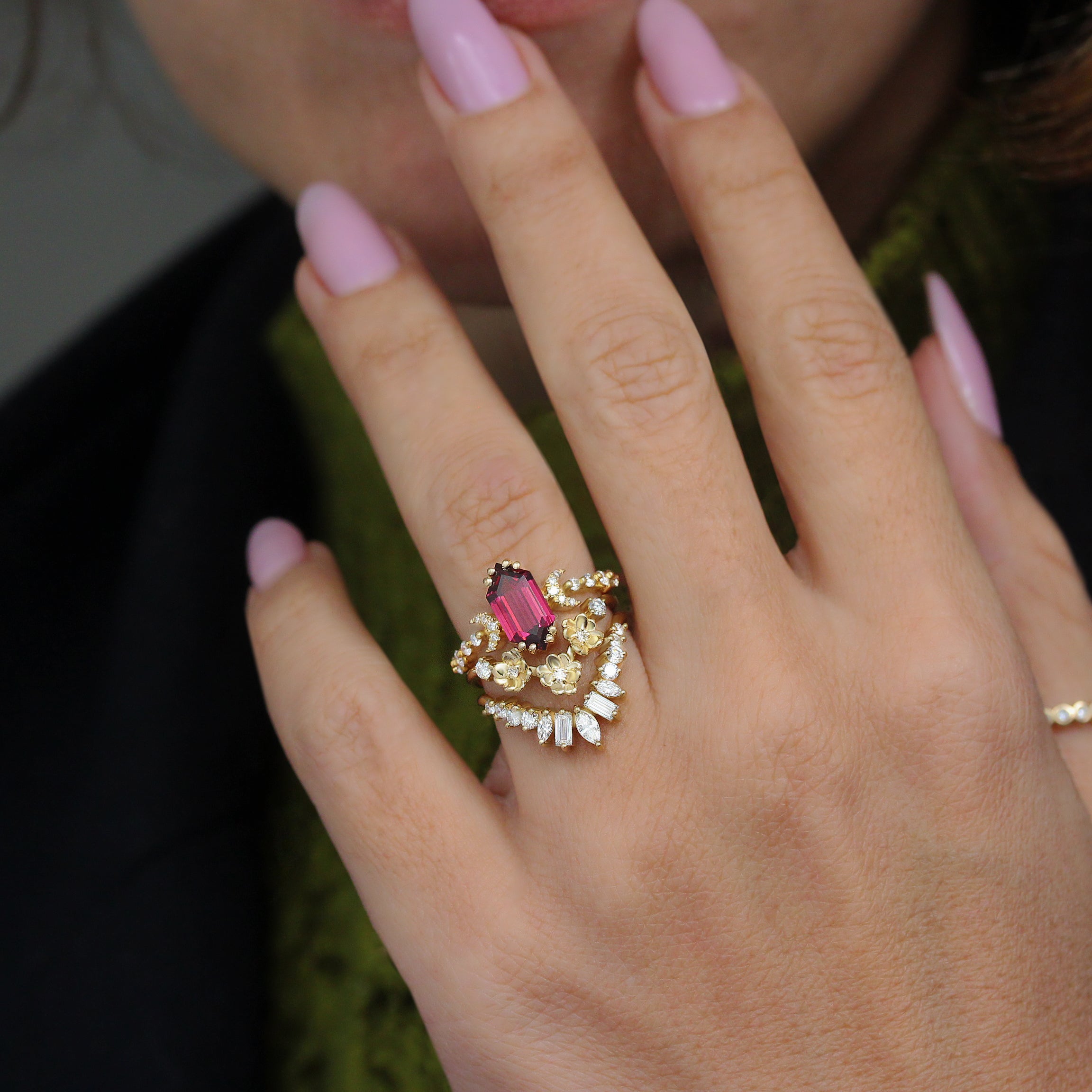 Long Hexagon Rhodolite and Diamonds Flowers Boho Engagement - Three Ring Set