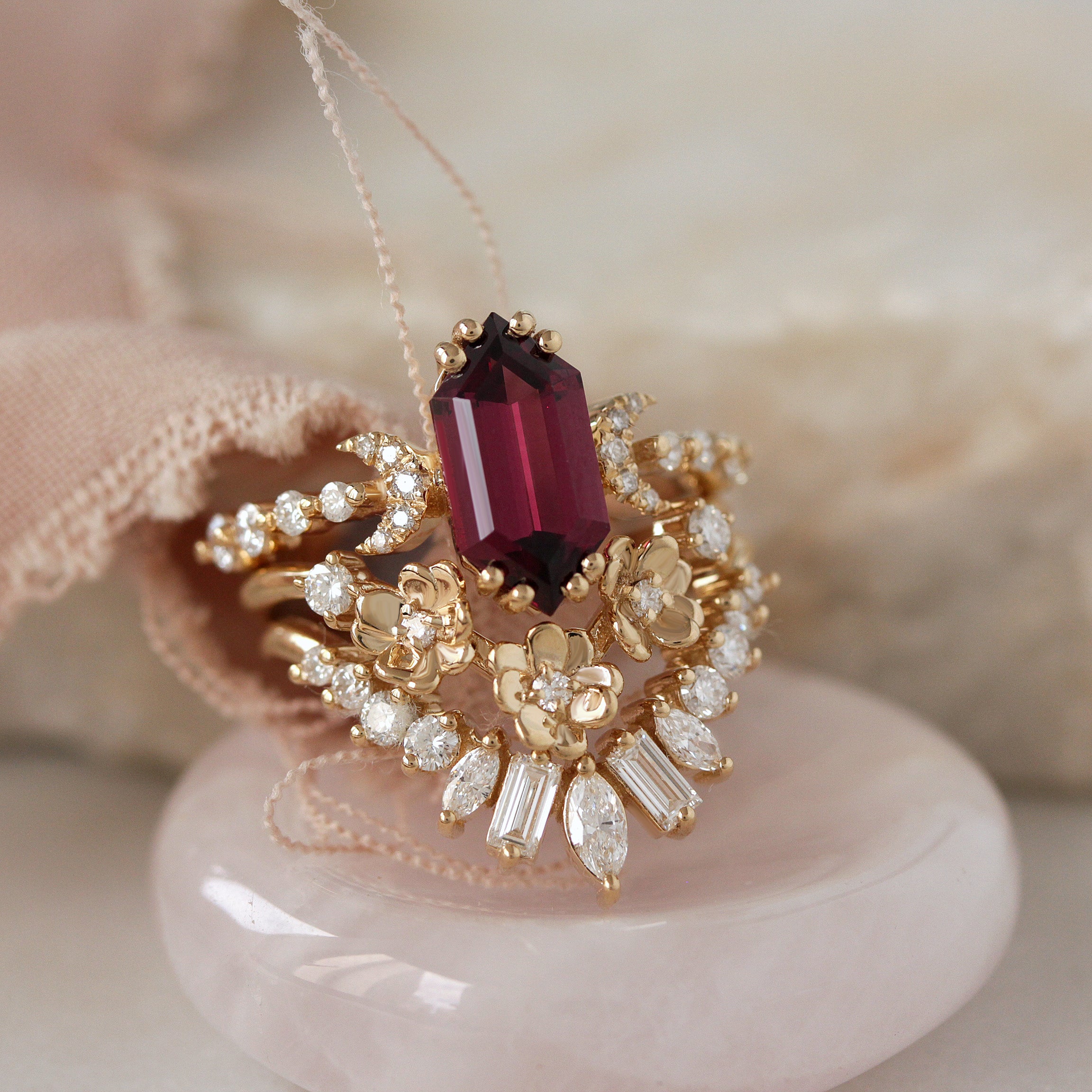 Long Hexagon Rhodolite and Diamonds Flowers Boho Engagement - Three Ring Set