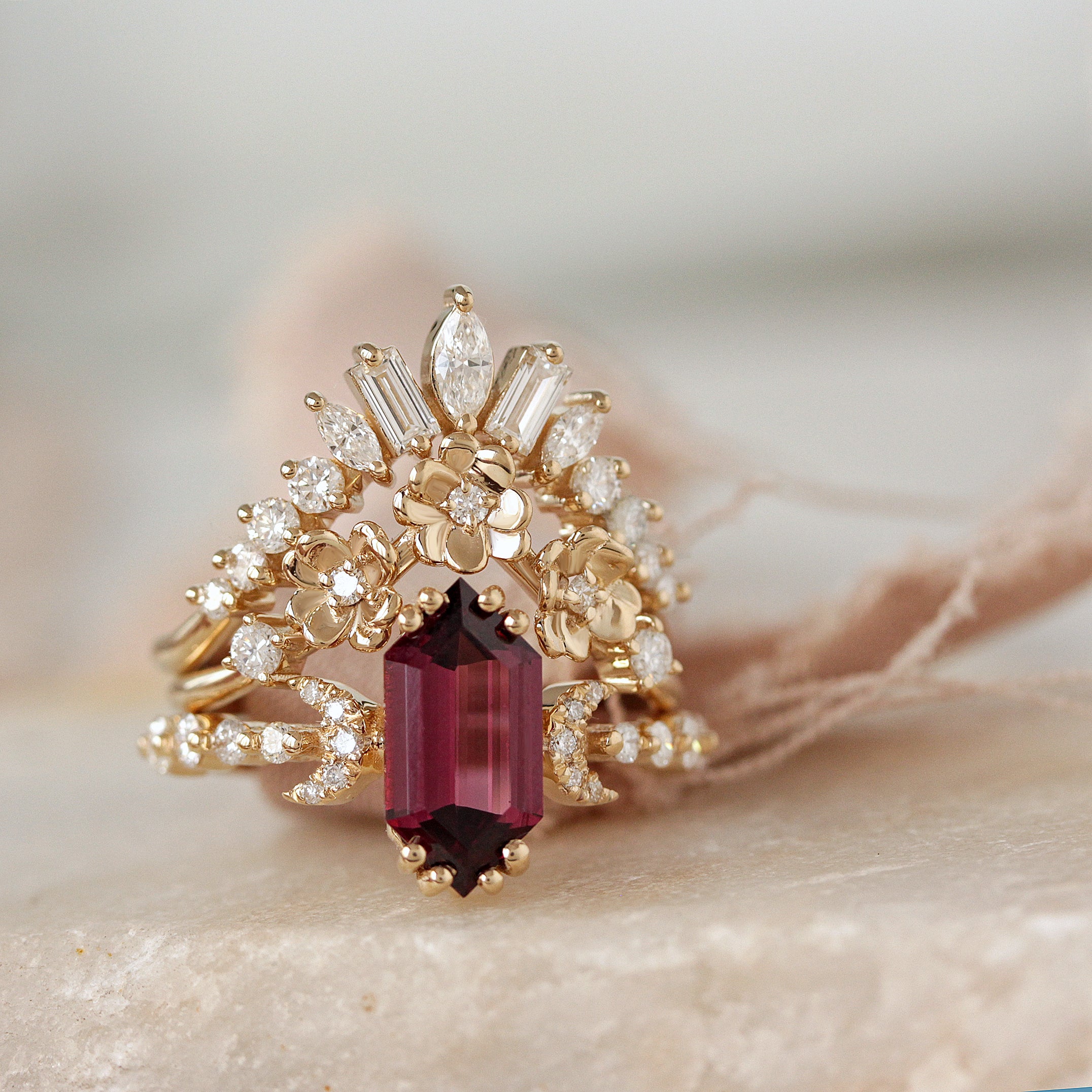 Long Hexagon Rhodolite and Diamonds Flowers Boho Engagement - Three Ring Set