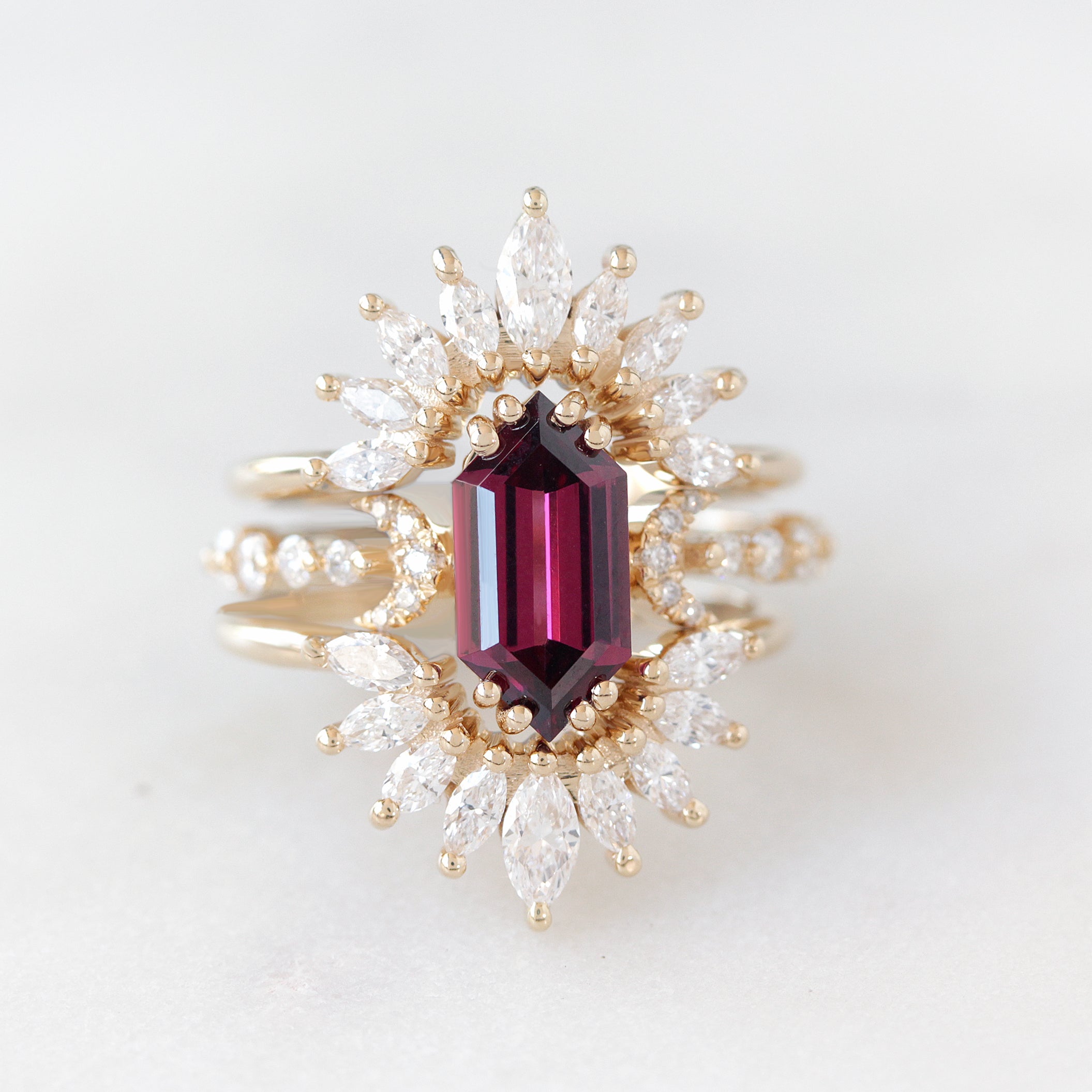 Long hexagon Rhodolite and Sunburst Nesting rings diamonds three ring set