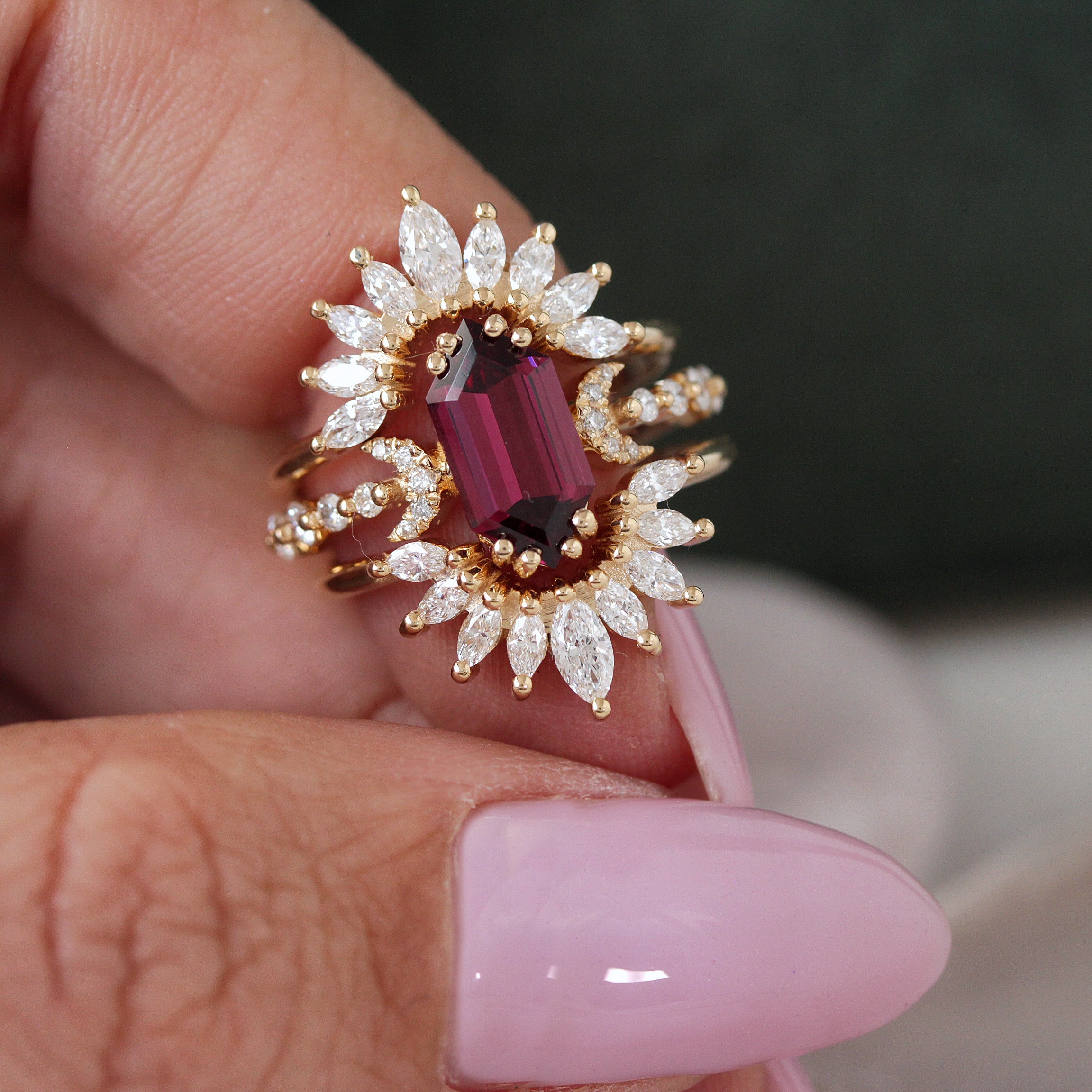 Long Hexagon Rhodolite and two matching marquise diamonds Sunburst Nesting Rings Diamonds Three Ring Set