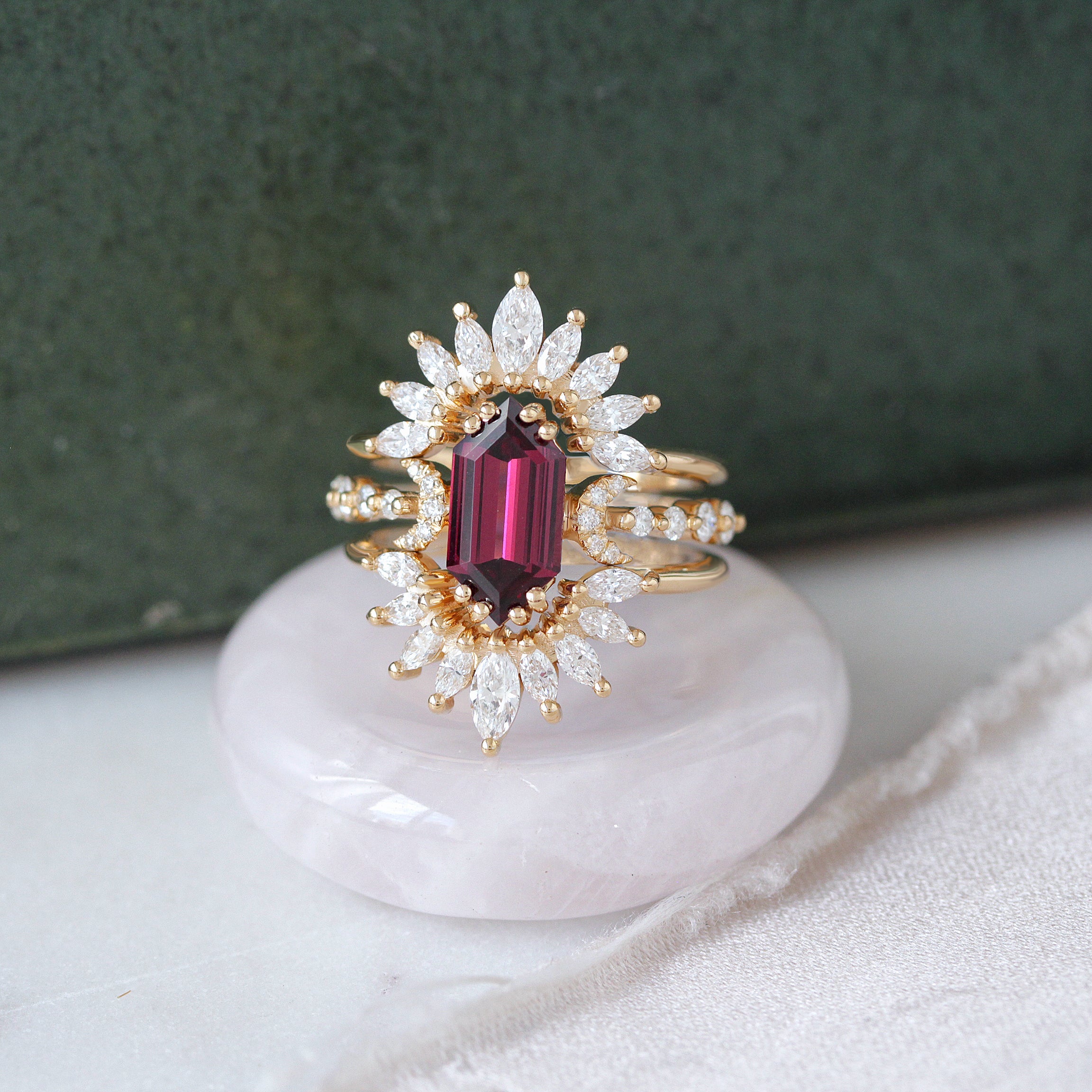 Long Hexagon Rhodolite and two matching marquise diamonds Sunburst Nesting Rings Diamonds Three Ring Set