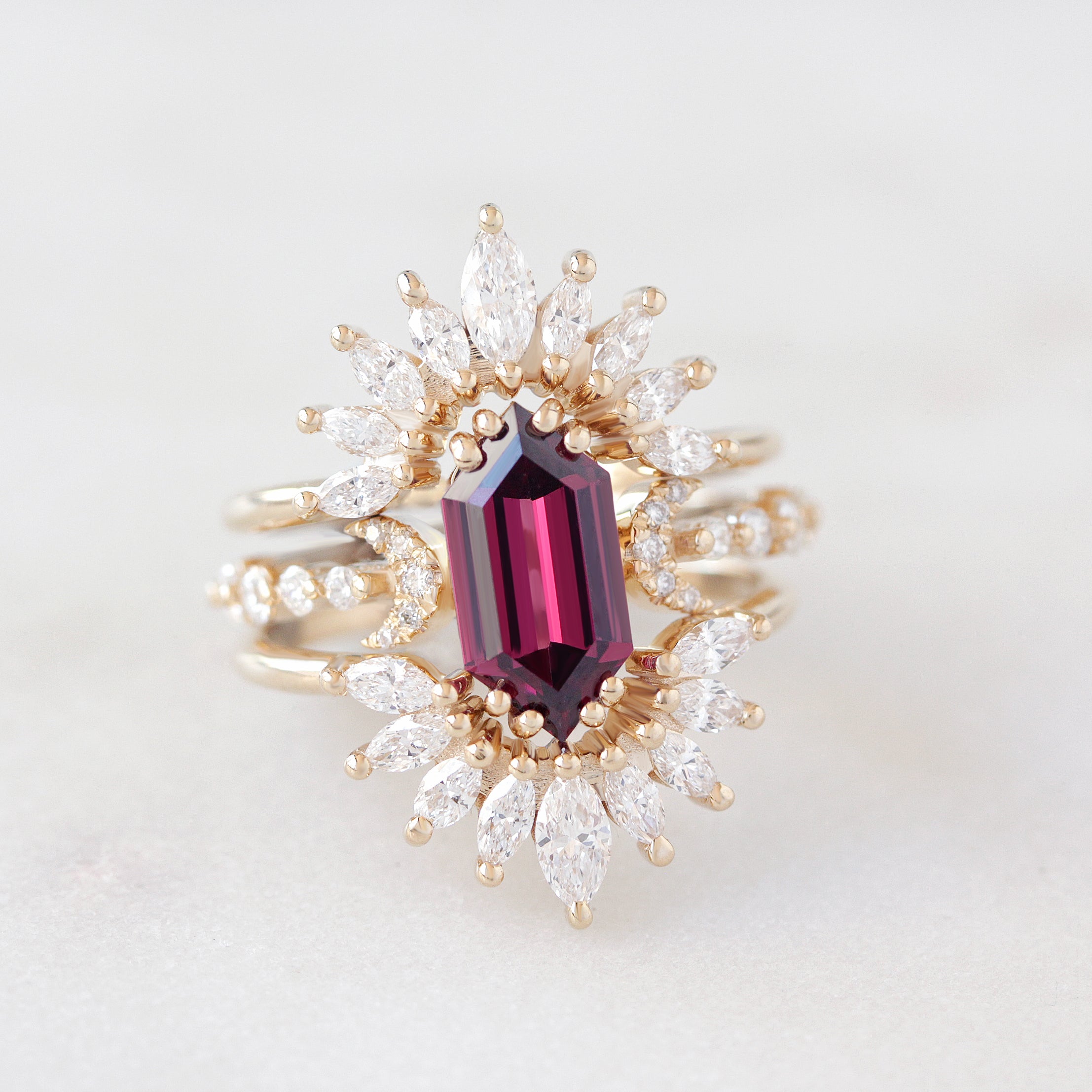 Long hexagon Rhodolite and Sunburst Nesting rings diamonds three ring set