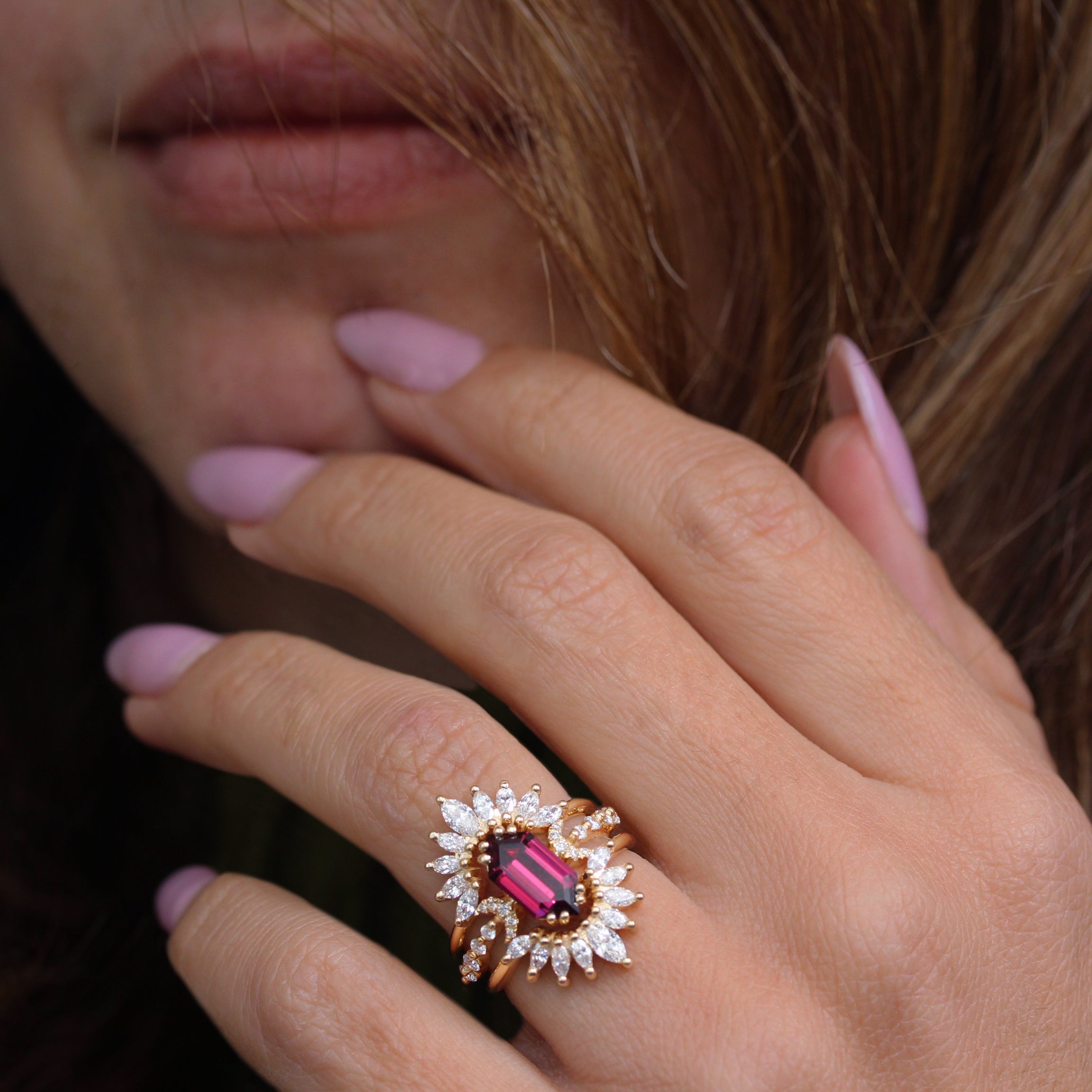 Long hexagon Rhodolite and Sunburst Nesting rings diamonds three ring set