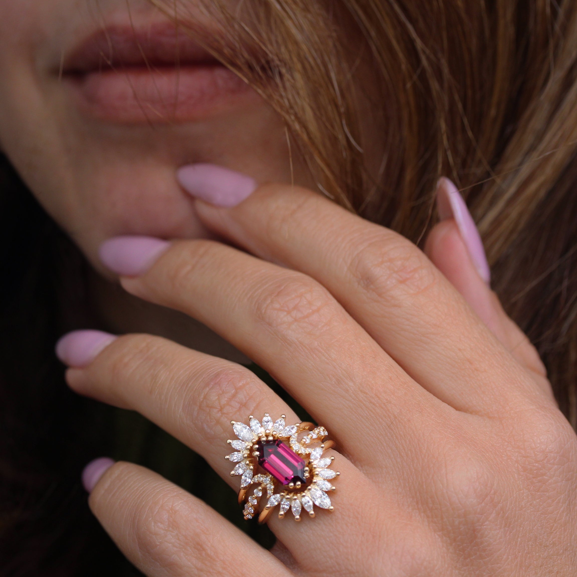 Long Hexagon Rhodolite and Sunburst Nesting Rings Diamonds Three Ring Set
