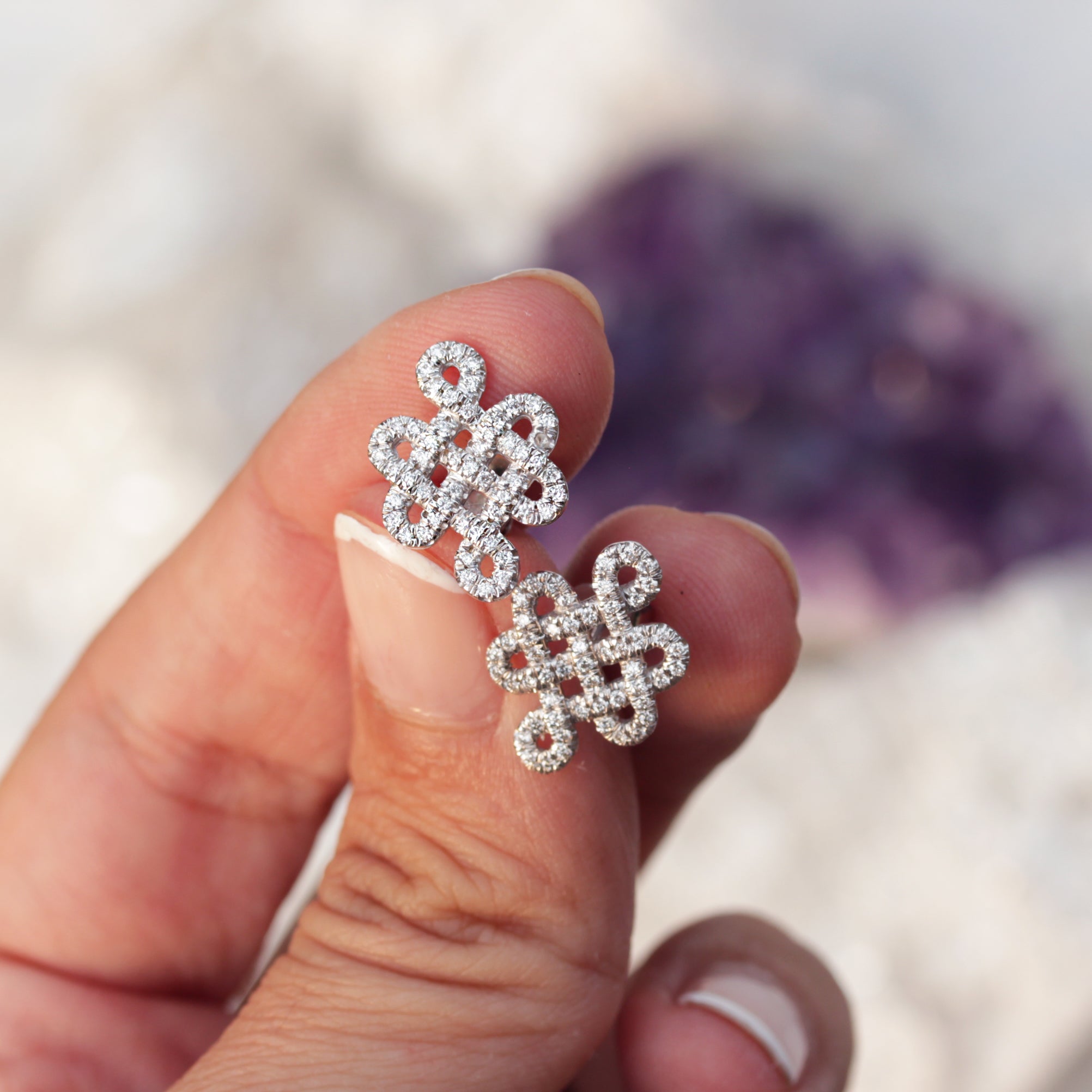 Tibetan symbol of Endless Love, Diamond Stud Earrings ♥