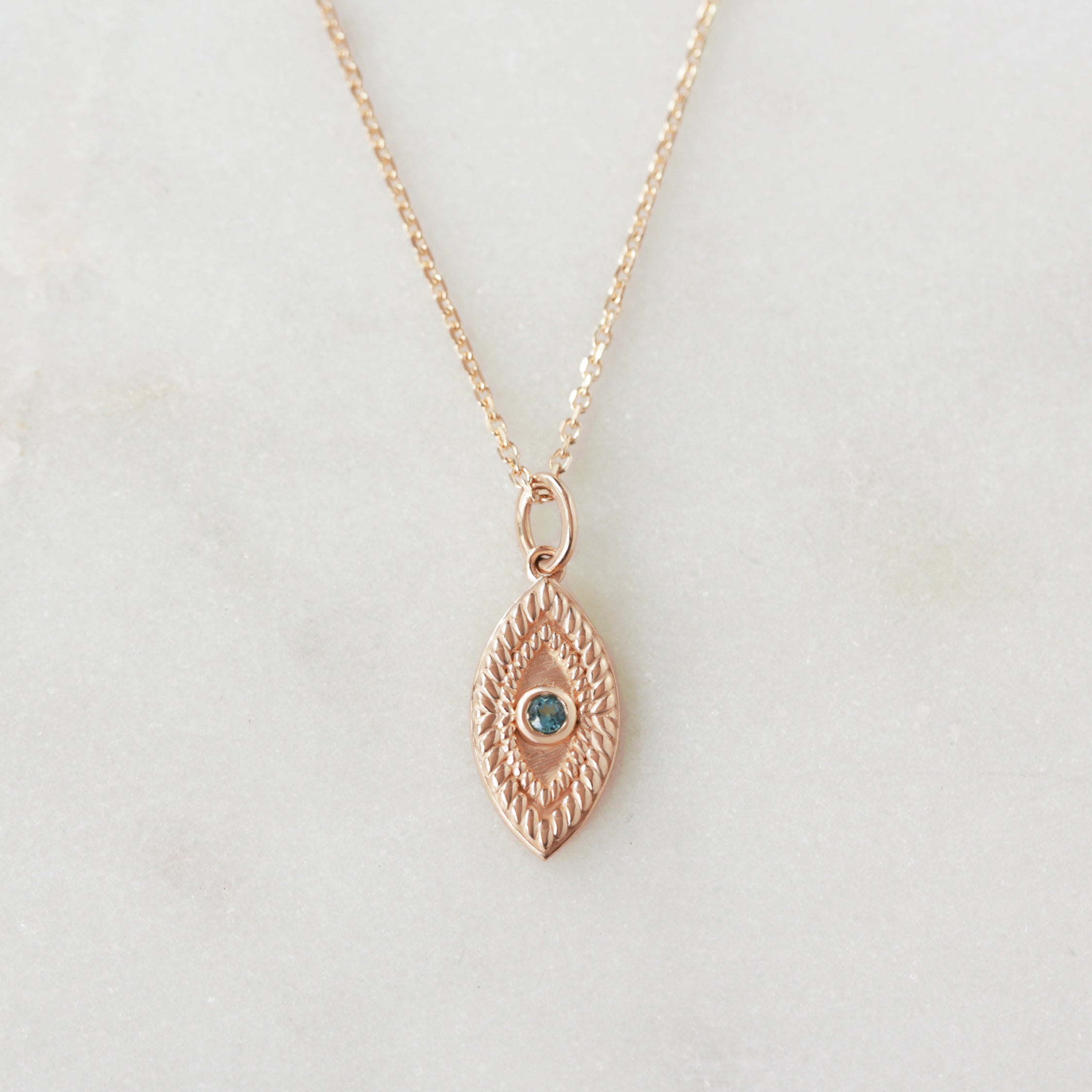 Evil Eye 14K Solid Gold Charm, protection Amulet Blue topaz rose gold